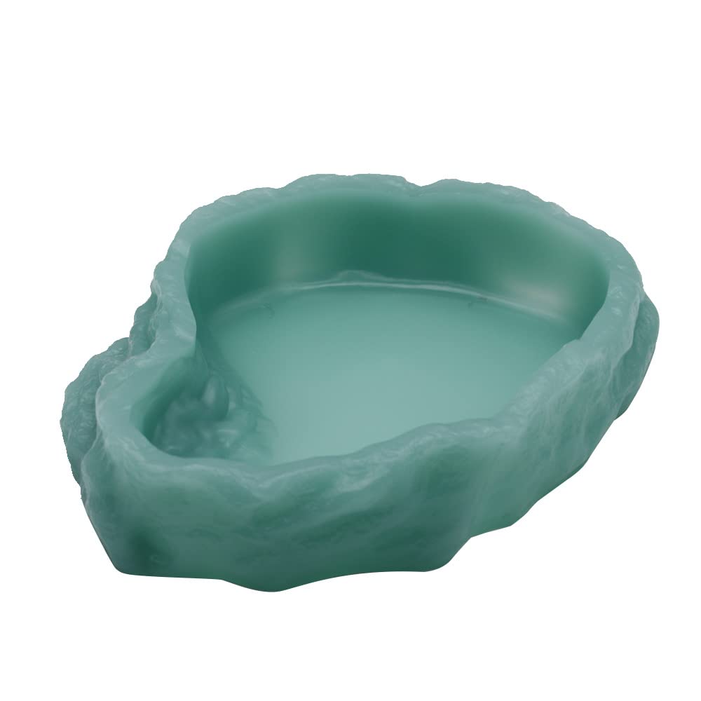 **Glow in the Dark Reptile Water Dish – Resin Rock Food & Water Bowl for Terrarium – Ideal for Leopard Geckos, Lizards, Turtles, Chameleons & More – Perfect for Feeding & Hydration in Low-Light Enclosures (Small, Green-Glow)**
