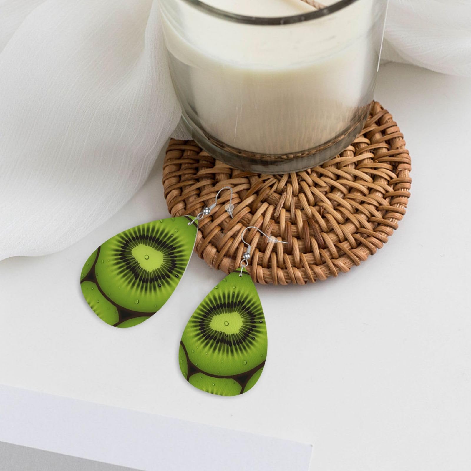 Fashionable Kiwi Slice Teardrop Dangle Earrings for Women - Genuine Leather Valentine's Day & Anniversary Jewelry Gift - Perfect for Date Nights, Parties & Special Occasions