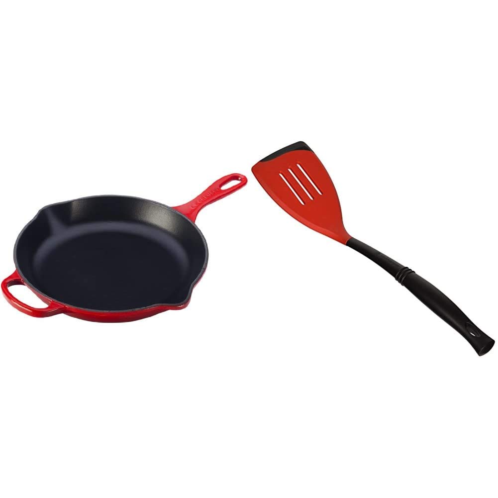 Le Creuset Signature Enameled Cast Iron Skillet 11.75 Inch (2-3/8 Quart) with Iron Handle & Bi-Material Slotted Turner - Cerise Red | Premium Cookware for Searing, Braising & Serving | Perfect for Stovetop, Oven & Tabletop Use