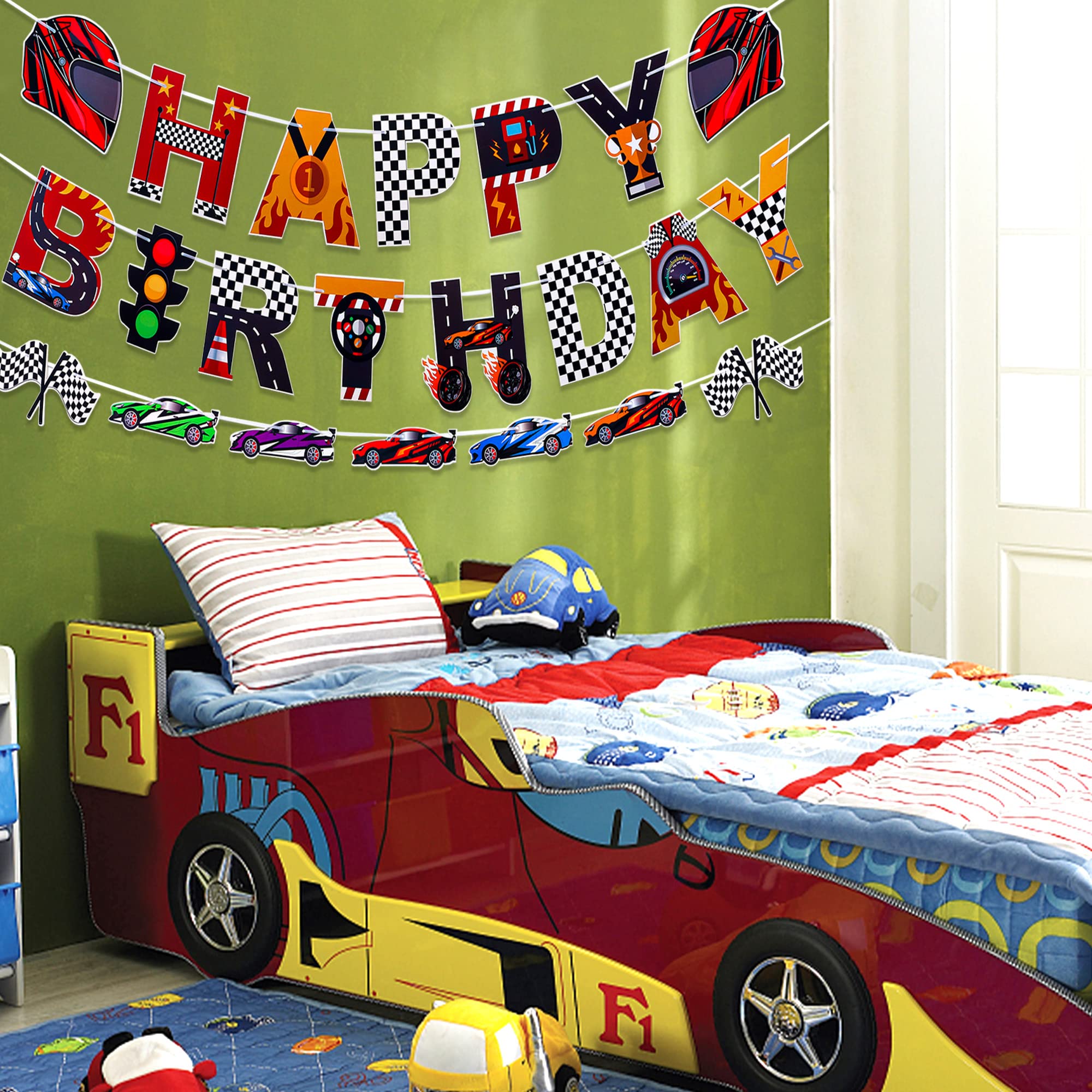 5-Piece Race Car Party Banner Set - Happy Birthday Checkered Flag Pennants, Car Theme Garlands & Photo Props for Birthday Decorations, Baby Shower Wall Decor | Perfect for Kids' Birthday Parties, Themed Events & Photo Booths