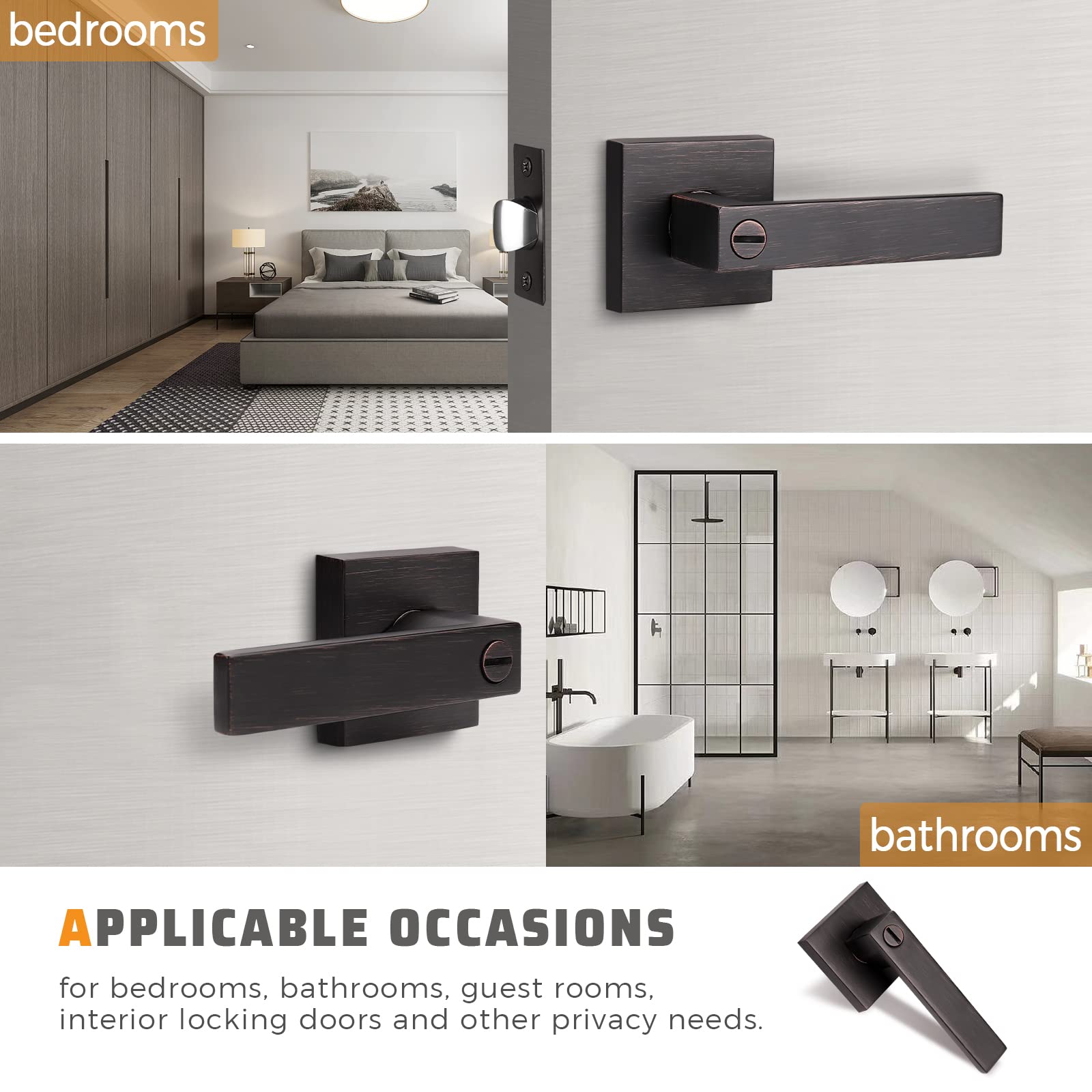 Heavy Duty Privacy Door Lever Lock - Keyless Interior Door Handles (10 Pack) - Oil Rubbed Bronze Finish - 2.07 lb - Left/Right Handed - Perfect for Bedrooms, Bathrooms & Home Security