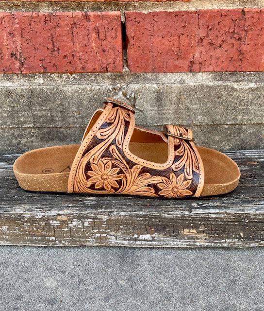 American Darling Tooled Double Buckle Sandals - Handcrafted Leather Women's Casual Shoes for Summer Outfits & Boho Style | Perfect for Beach, Vacation, and Everyday Wear