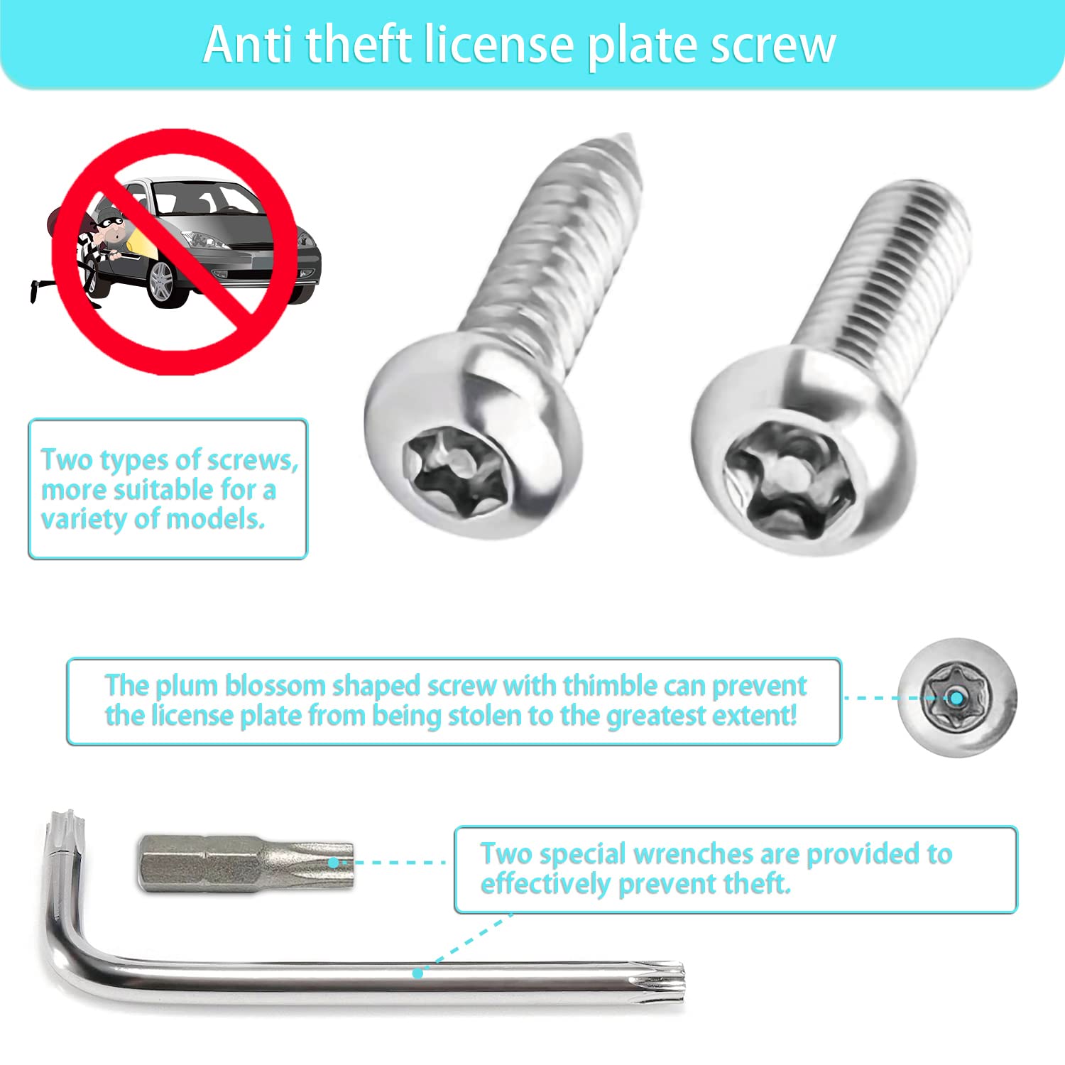 Anti Theft License Plate Screws Kit - 304 Stainless Steel with Chrome Caps for Secure Car Mounting