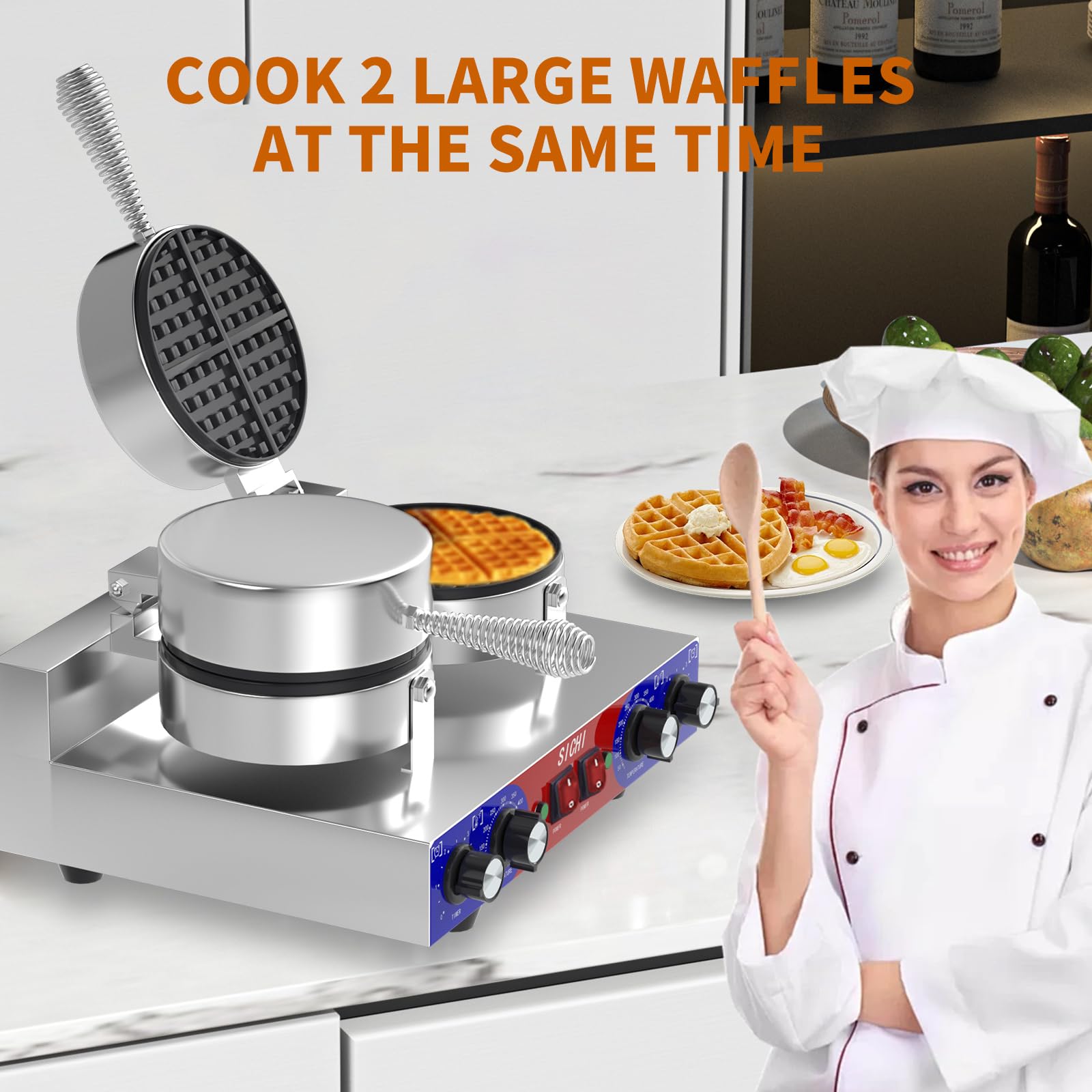 Commercial Waffle Maker 2400W - Dual Non-Stick Baking Plates, 550°F Temperature Control & Timer - Stainless Steel Waffle Iron for Restaurants, Hotels, Cafes - Perfect for Breakfast Service, Buffets, and Catering Events