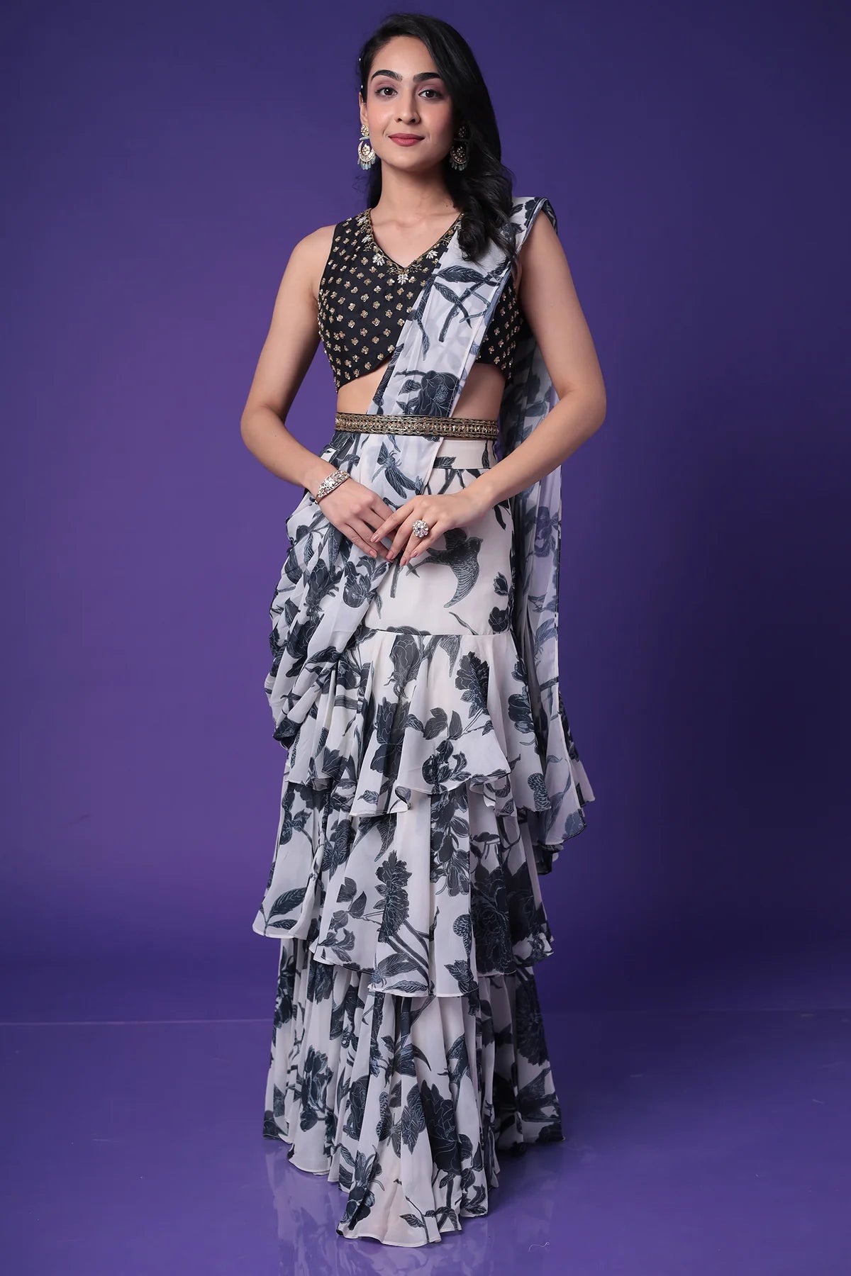 Elegant Cream & Black Printed Pre Draped Saree Set (D42) - Perfect for Weddings, Parties & Festive Occasions