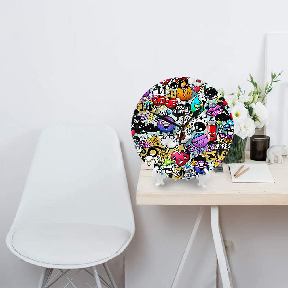 WONDERTIFY 10 Inch Silent Non-Ticking Graffiti Wall Clock with Bizarre Elements - Unique Battery Operated Round Wall Clock for Living Room, Bedroom & Office Decor
