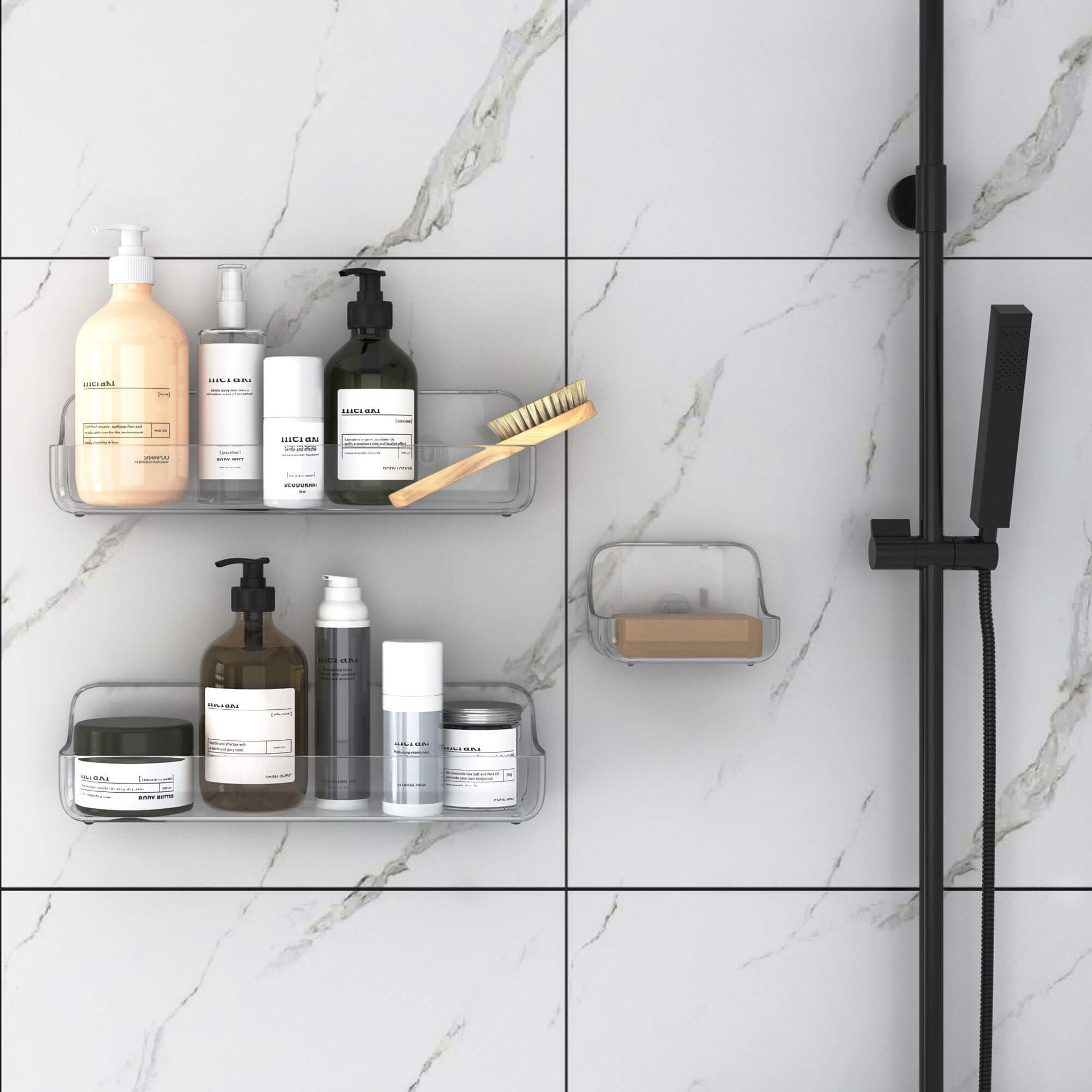TZAMLI Adhesive Shower Caddy with Soap Dish - 3 Pack Clear Plastic Wall Mounted Bathroom Organizer Shelf for Shampoo, Conditioner & Soap Storage - Perfect for Small Bathrooms, Apartments & Dorm Showers