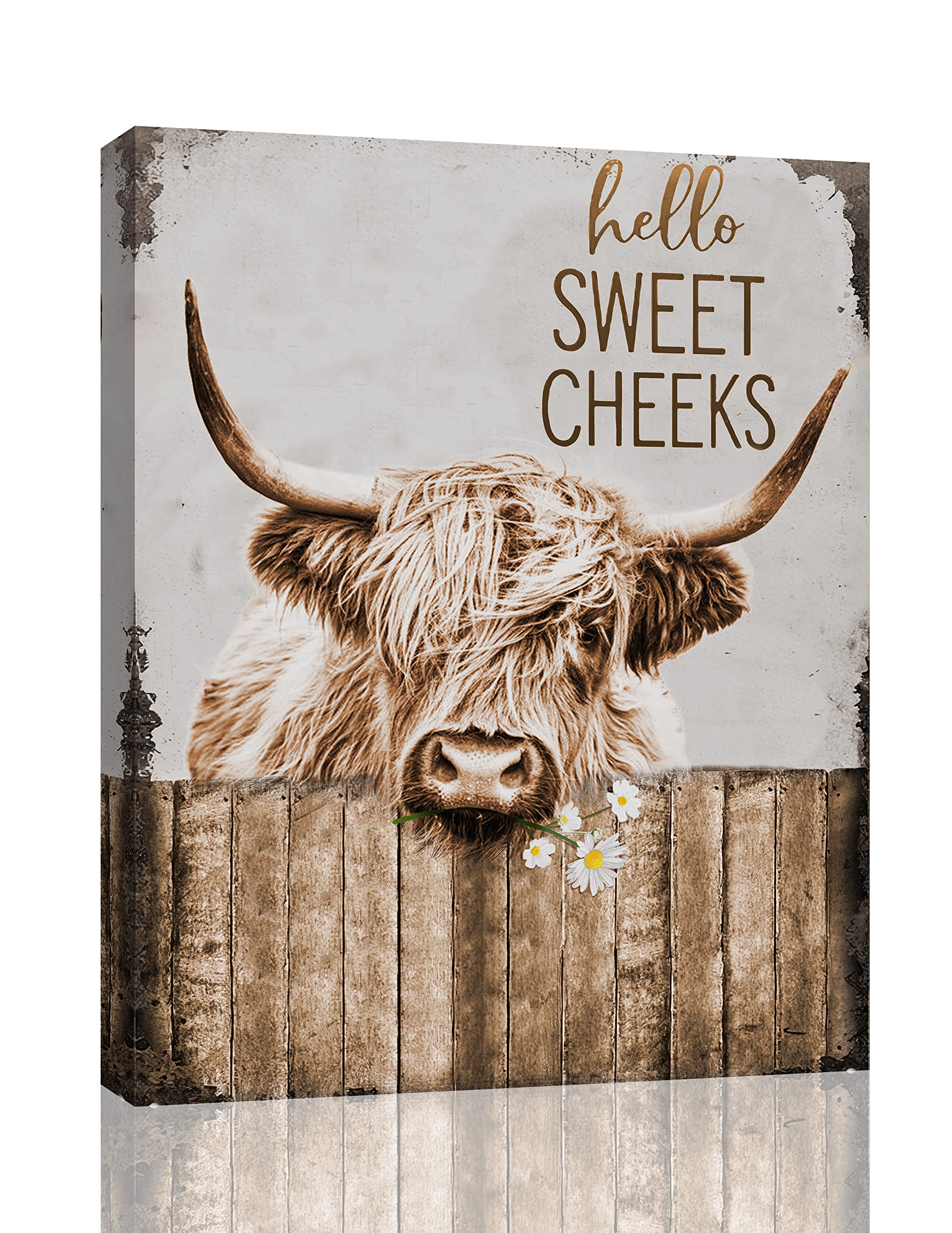 Funny Highland Cow Wall Art - Rustic Farmhouse Bathroom Decor, Country Cattle Painting Canvas Print (12x16 Inch Framed) for Office, Bedroom, Kitchen & Dining Room - Perfect for Farmhouse & Country Style Home Decor