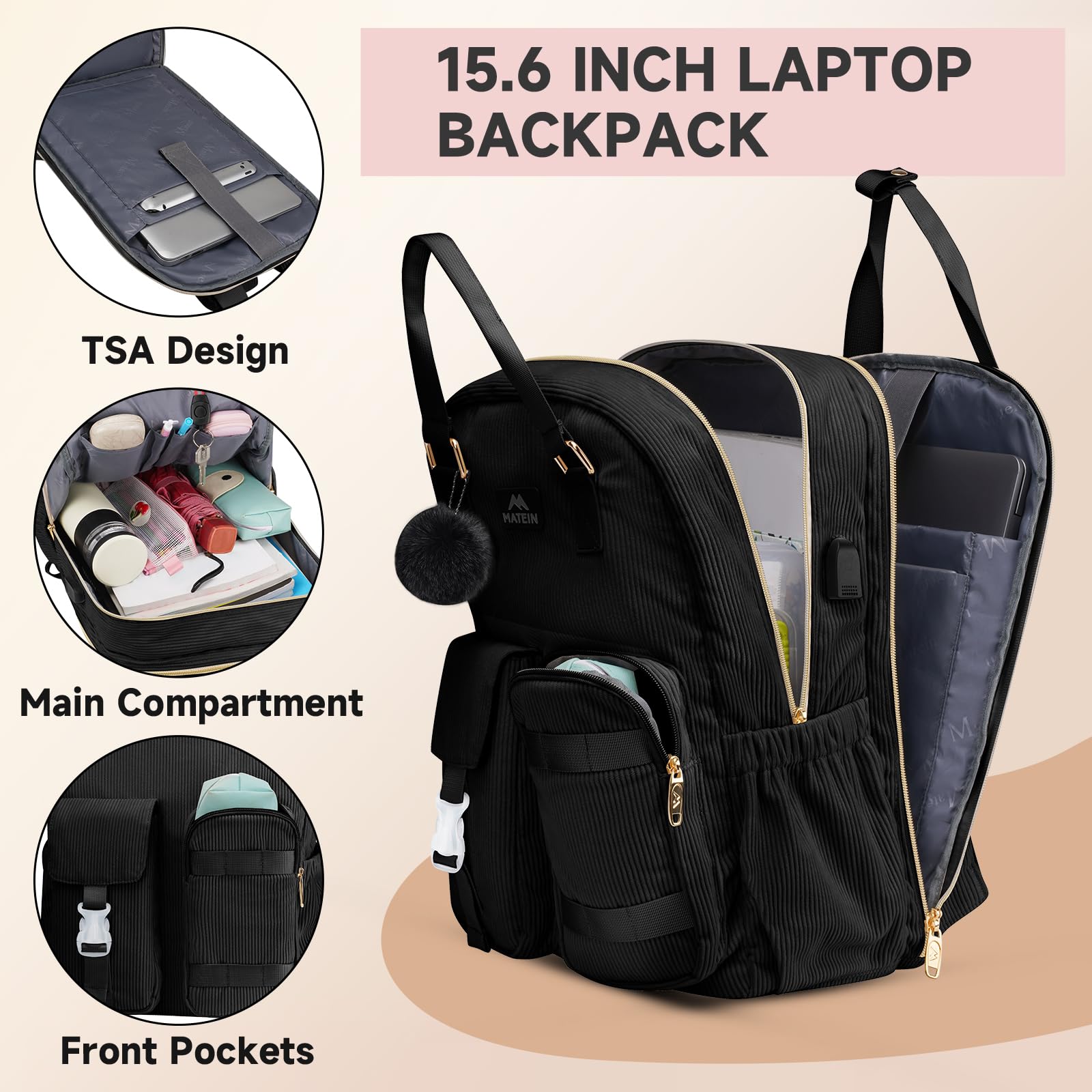 MATEIN Cute Laptop Backpack for Women - 15.6 Inch Corduroy USB Charging Backpack, TSA Lightweight Aesthetic Daypack for College, Work, Travel, Nurse, Teacher Gift - Perfect for Office, School, and Daily Commute