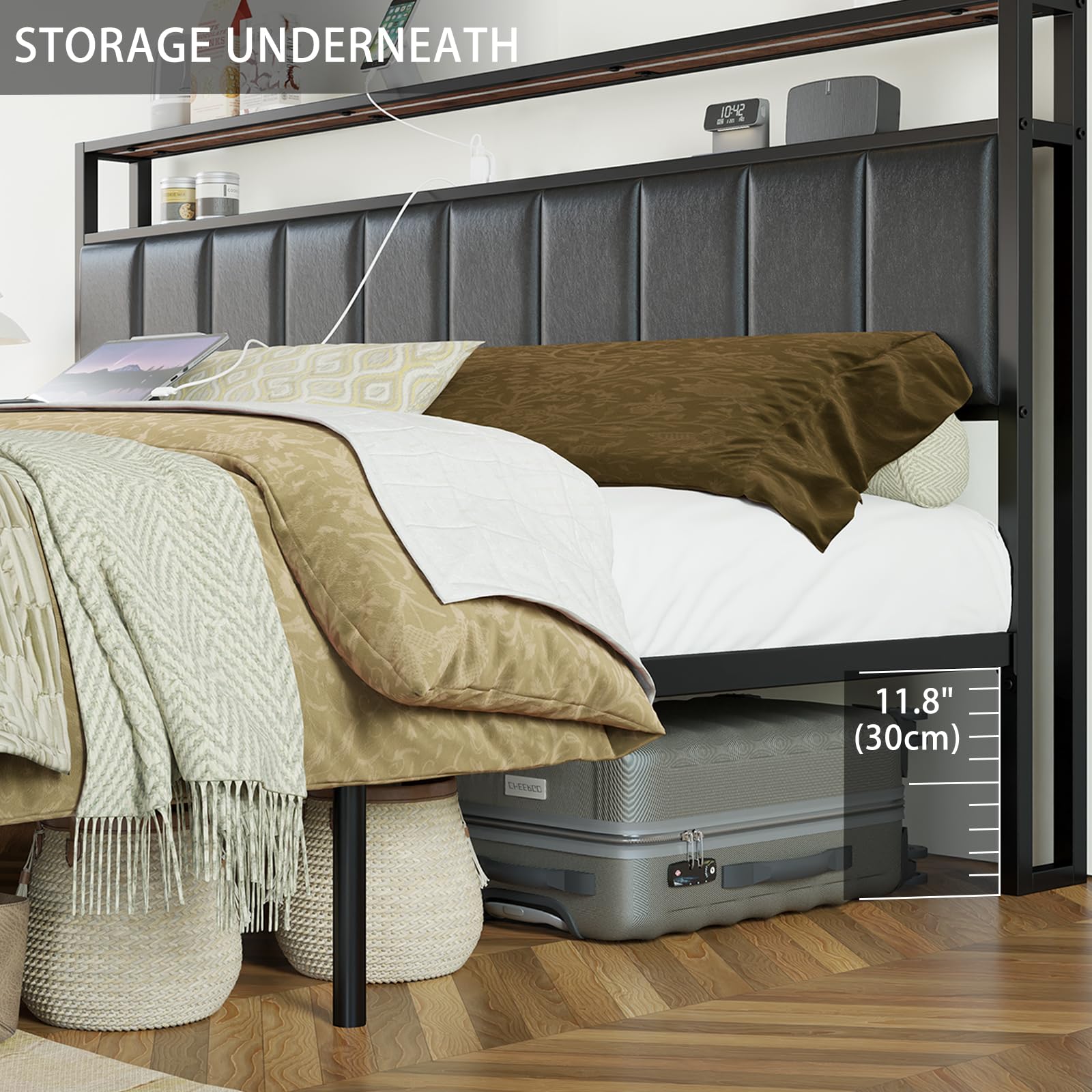 AMERLIFE LED Queen Size Bed Frame with 2-Tier Storage Drawers, Leather Upholstered Platform Bed with USB Charging Station Headboard - No Box Spring Needed, Easy Assembly, Noise Free, Rustic Brown - Perfect for Small Bedrooms, Guest Rooms & Modern Home Decor