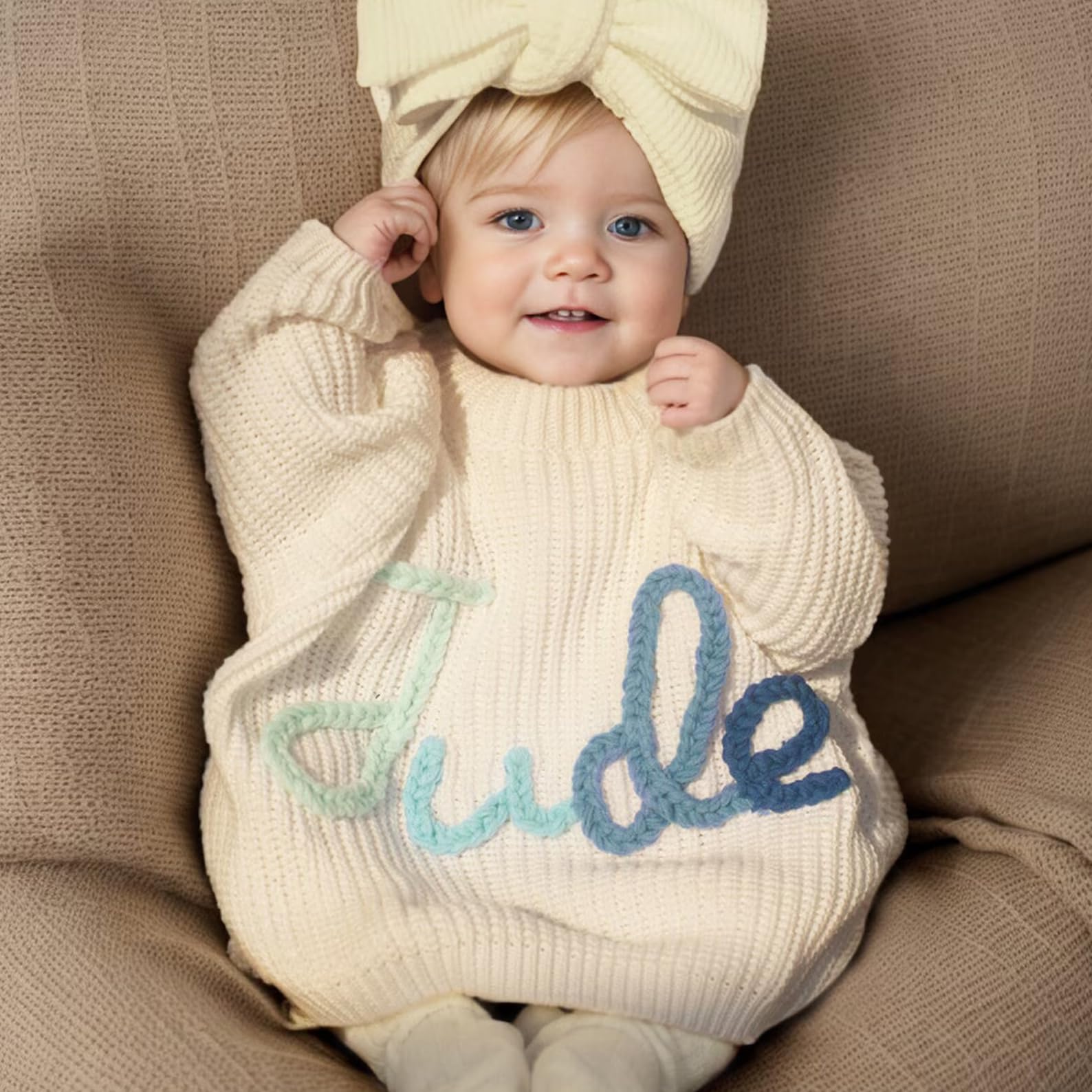 Personalized Custom Knit Baby Sweaters - Hand Embroidered Names & Monograms - Newborn Delivery & Baby Shower Gifts - Soft White Cotton - Perfect for Photo Shoots, Christenings & First Birthday Outfits