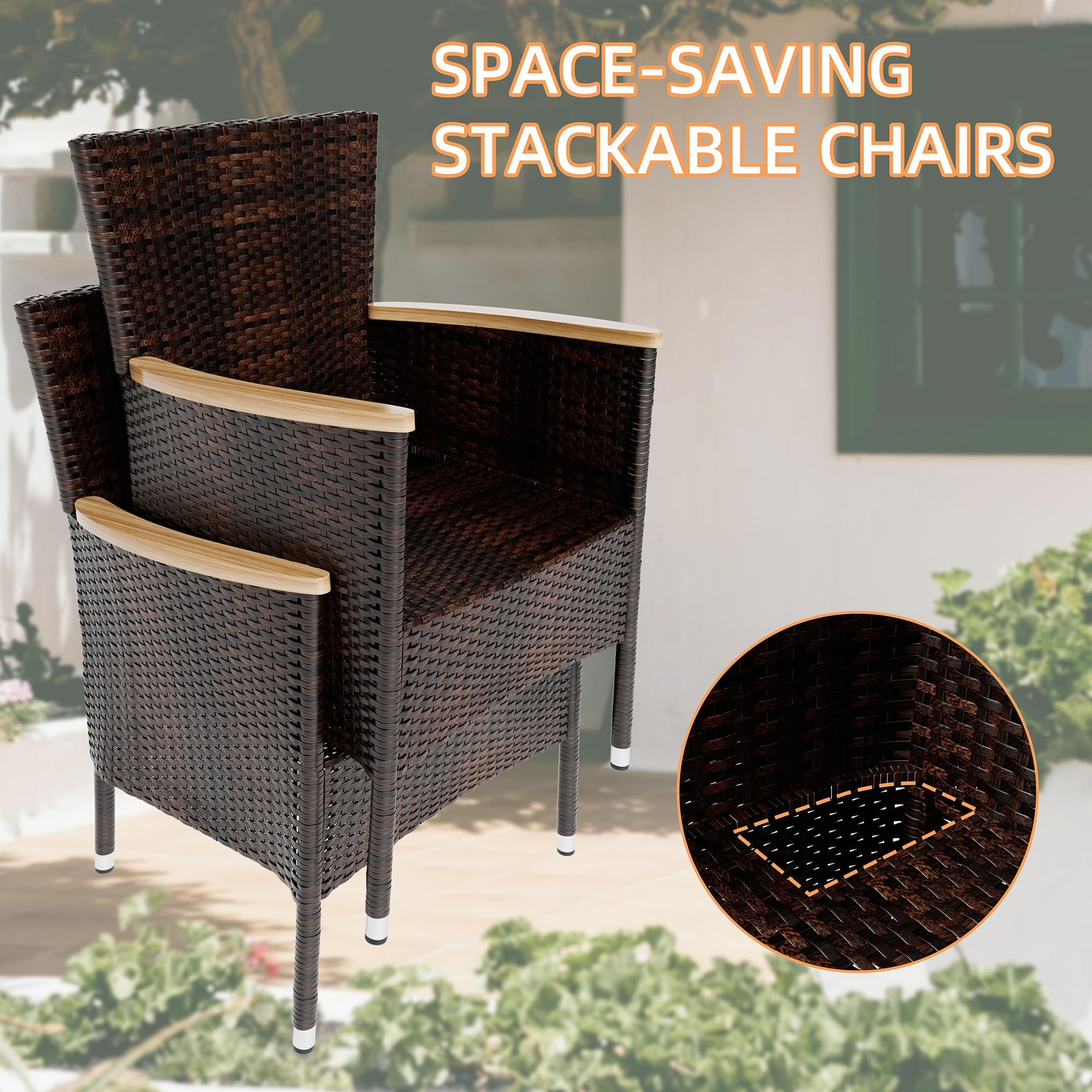 JAMFLY 5-Piece Outdoor Patio Dining Set - Rattan Wicker Furniture with Wood Table & 4 Cushioned Chairs for Garden, Backyard, Porch, Poolside (Brown) | Perfect for Outdoor Entertaining & Relaxation