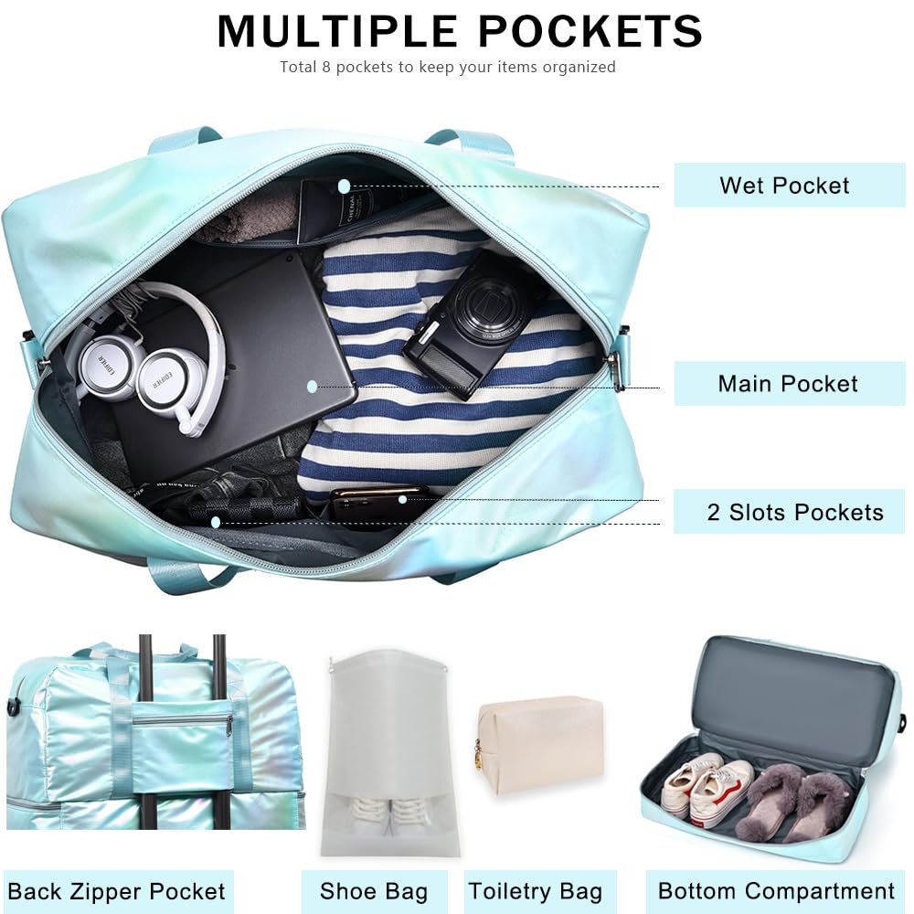 **Women's Gym Bag - Sports Travel Duffel with Toiletry & Shoe Compartment - Waterproof Wet Pocket for Yoga, Dance, Workout, Swim & Overnight Trips - Perfect for Women & Girls (Green)**    *(Use Case: Ideal for gym workouts, yoga classes, dance practice, swimming, travel, weekend getaways, and hospital visits.)*