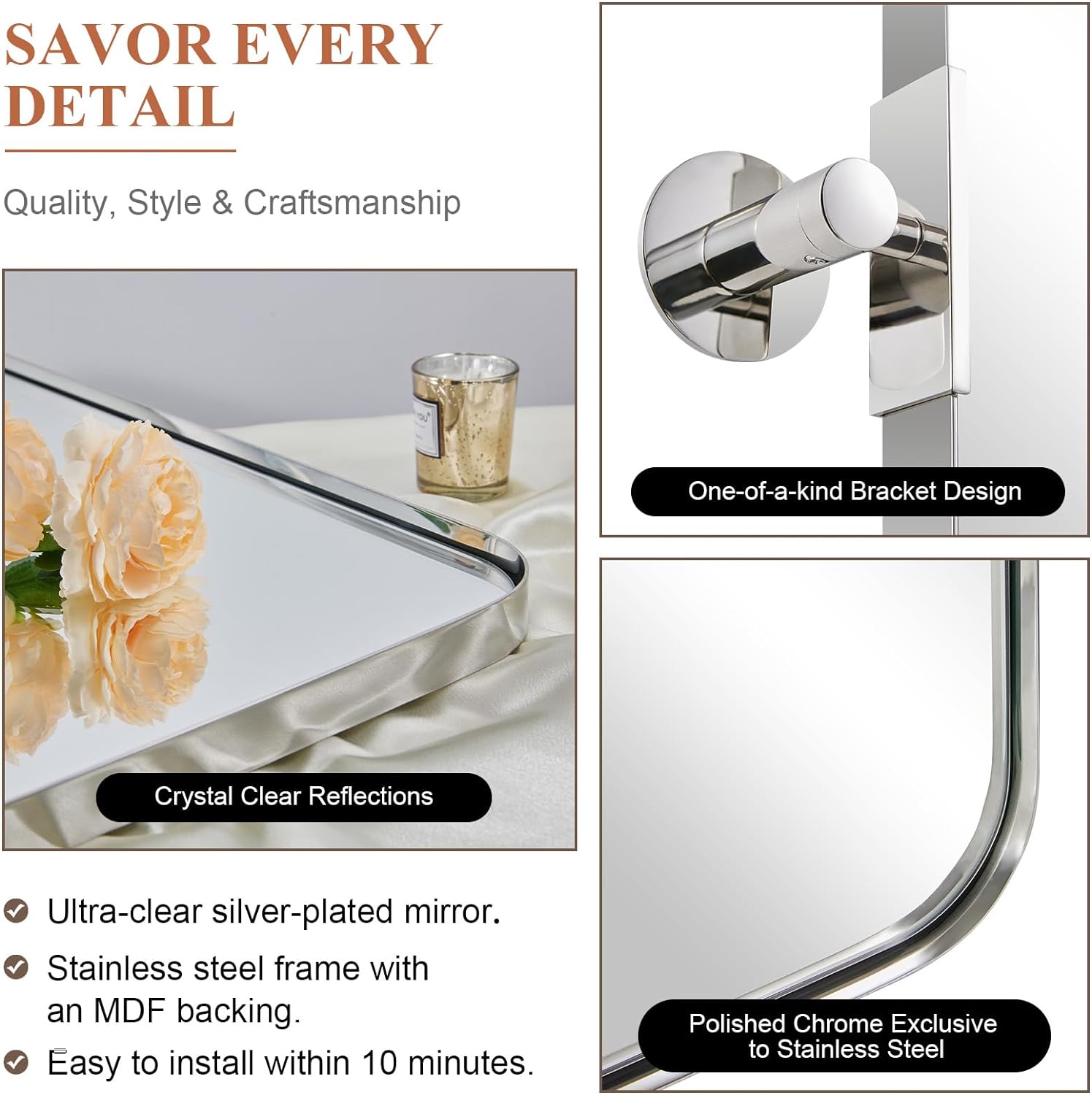Tilting Rectangular Pivot Mirror for Bathroom & Vanity - Stainless Steel Frame | Space-Saving Wall Mounted Mirror for Makeup, Shaving & Home Decor