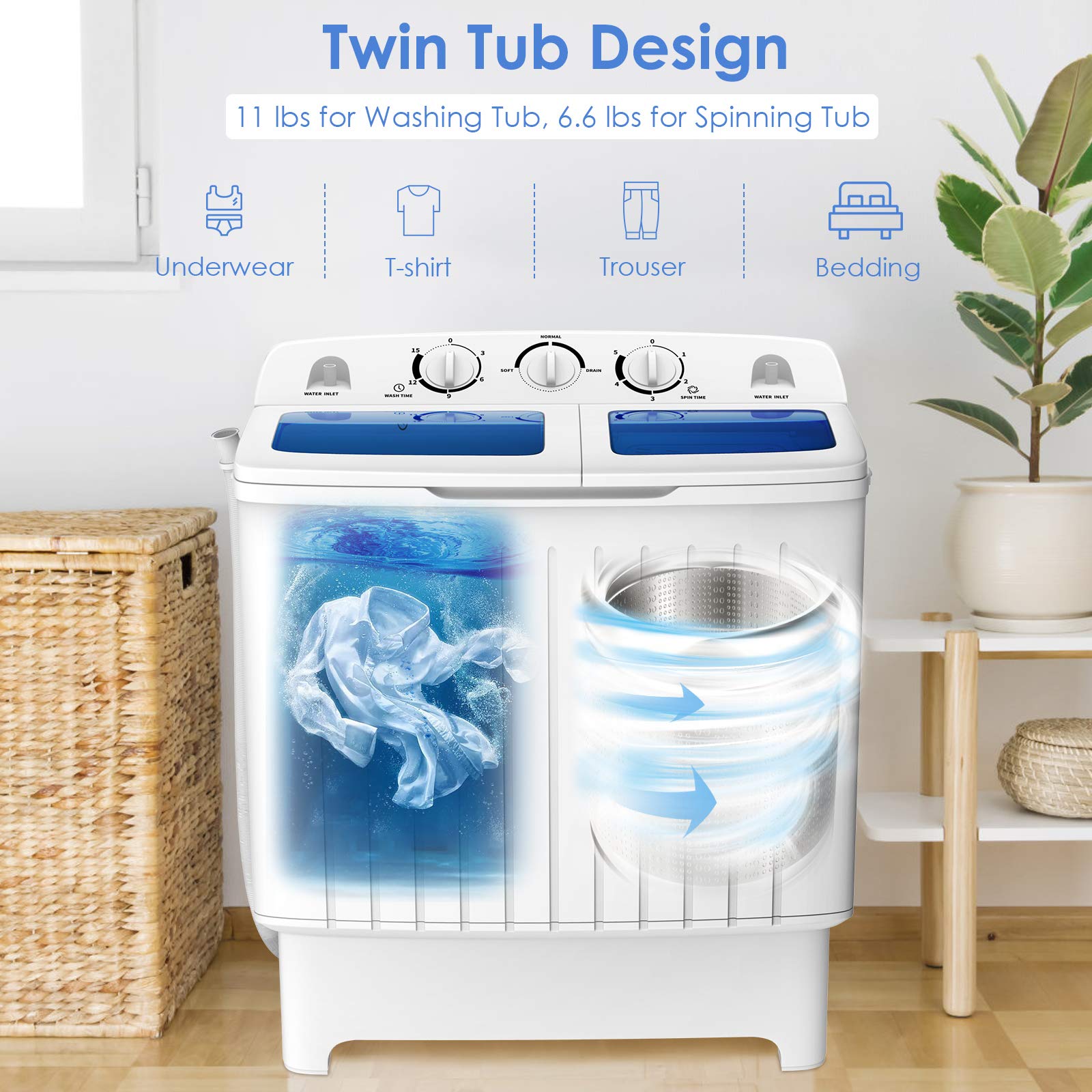 ARLIME 20lbs Portable Twin Tub Washing Machine with Drain Pump - Semi-Automatic Compact Washer (12lbs) & Spinner (8lbs) - Perfect for Apartments, Dorms, RV & Camping - Ideal for Small Spaces, Travel & Off-Grid Living