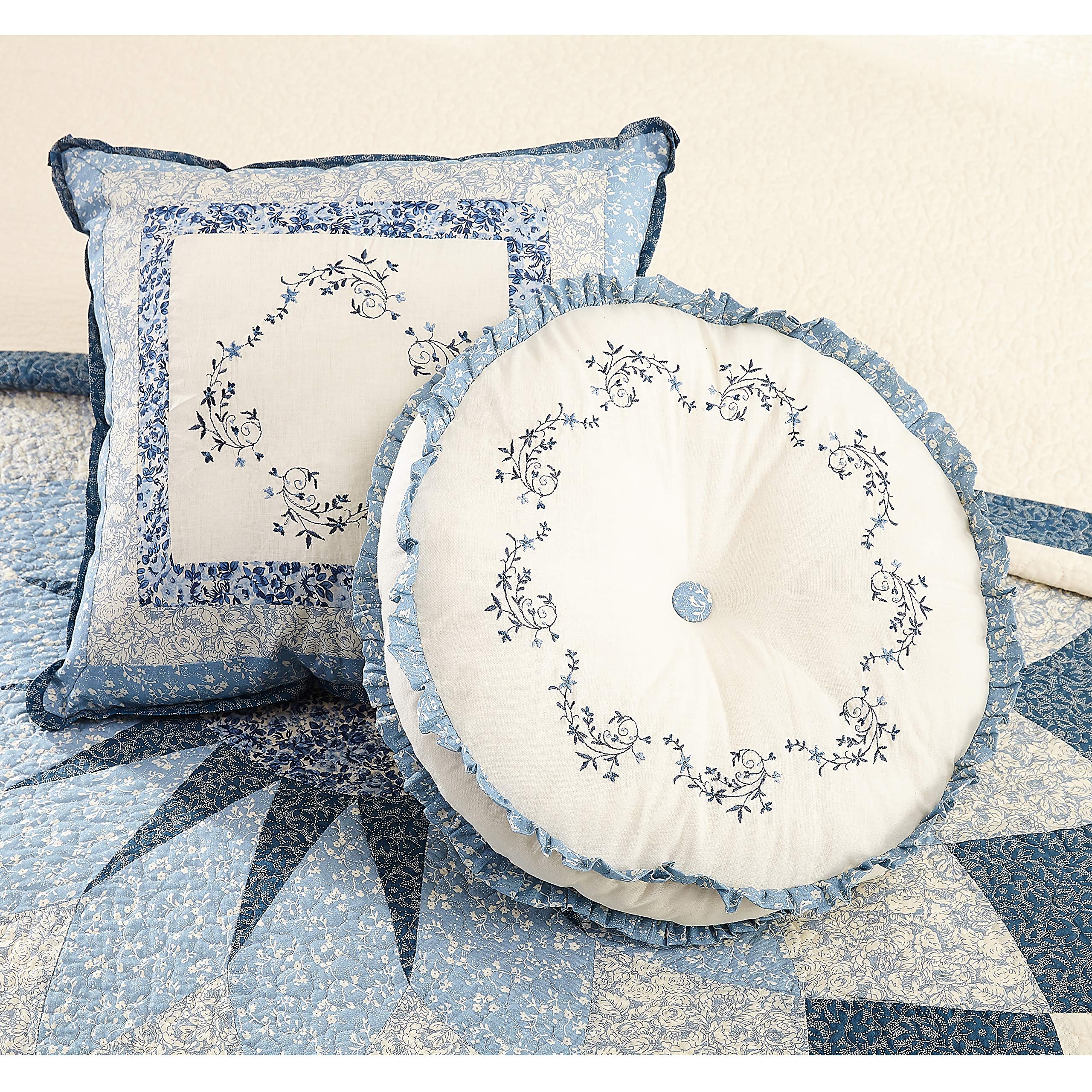 MH Embroidered Blue Floral Bedspread & 14'' Round Pillow Set - Perfect for Cozy Bedrooms & Boho Home Decor
