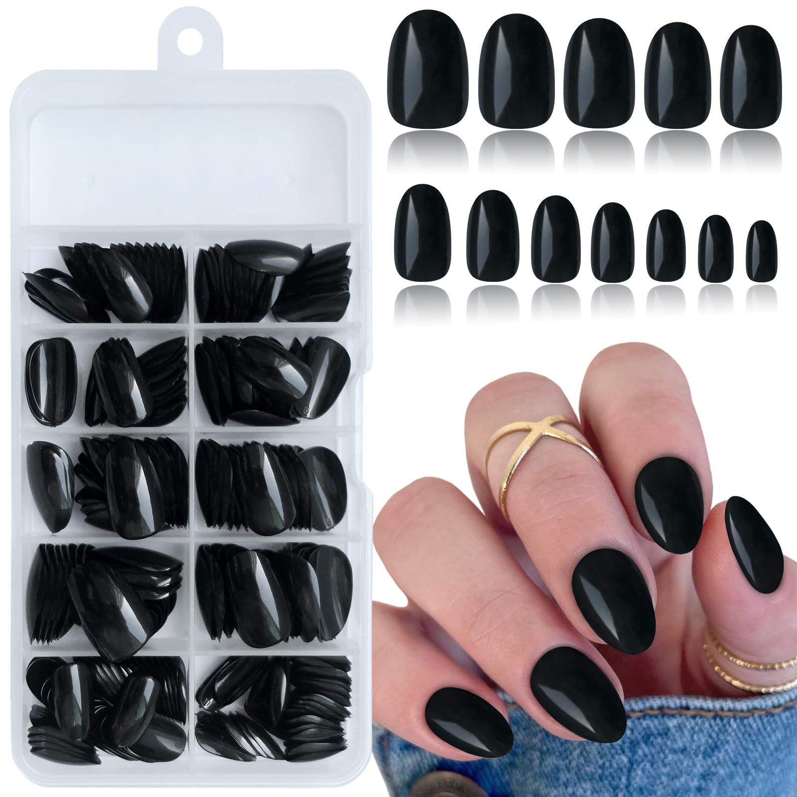 240pcs Short Almond Press on Nails - Black Acrylic Fake Nails with Nail Glue & Adhesive Tabs | Full Cover Artificial Nail Tips for Women & Kids | Perfect for Daily Wear, Parties & Special Occasions