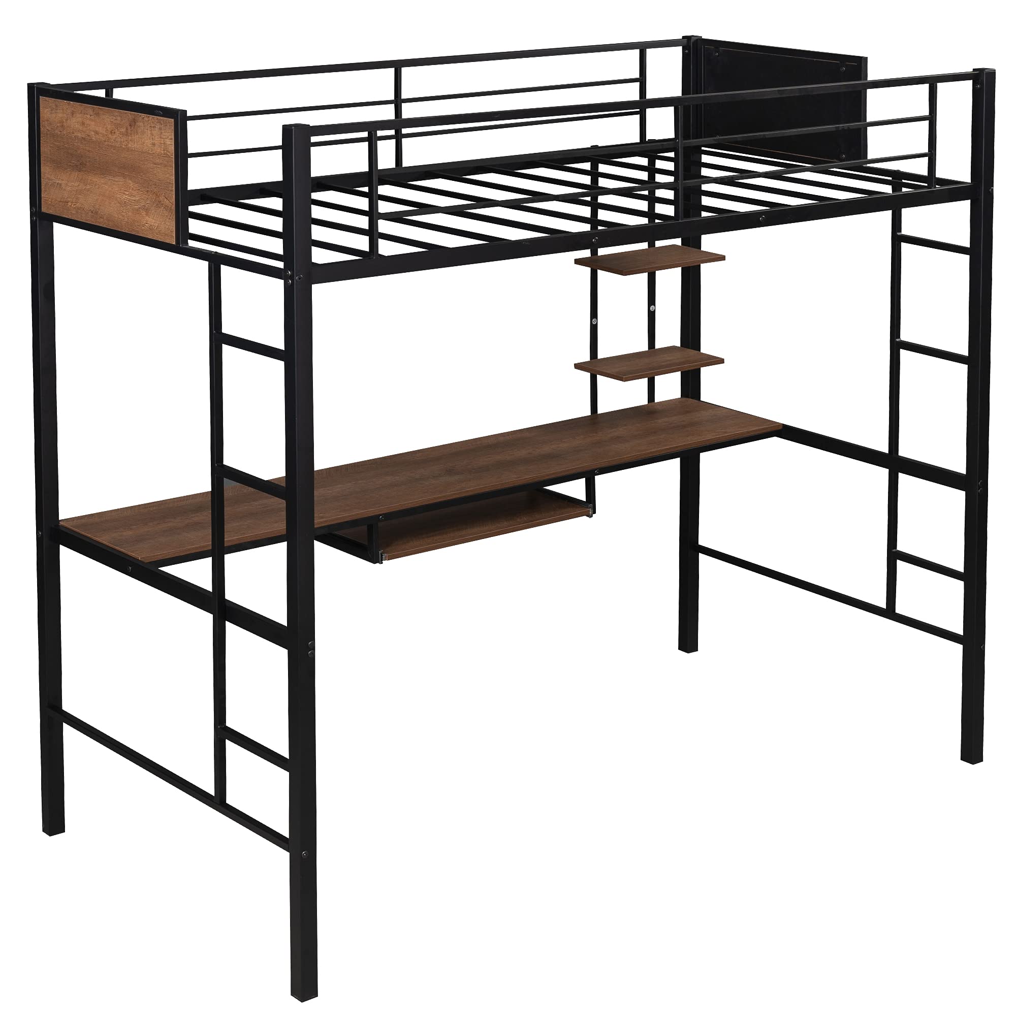 RUNNA Twin Size Metal Loft Bed with Long Study Desk - Space Saving Kids & Teens Bed with 2 Ladders, Keyboard Tray, 2 Storage Shelves & Full-Length Guardrail | Perfect for Small Bedrooms, Dorm Rooms & Studio Apartments