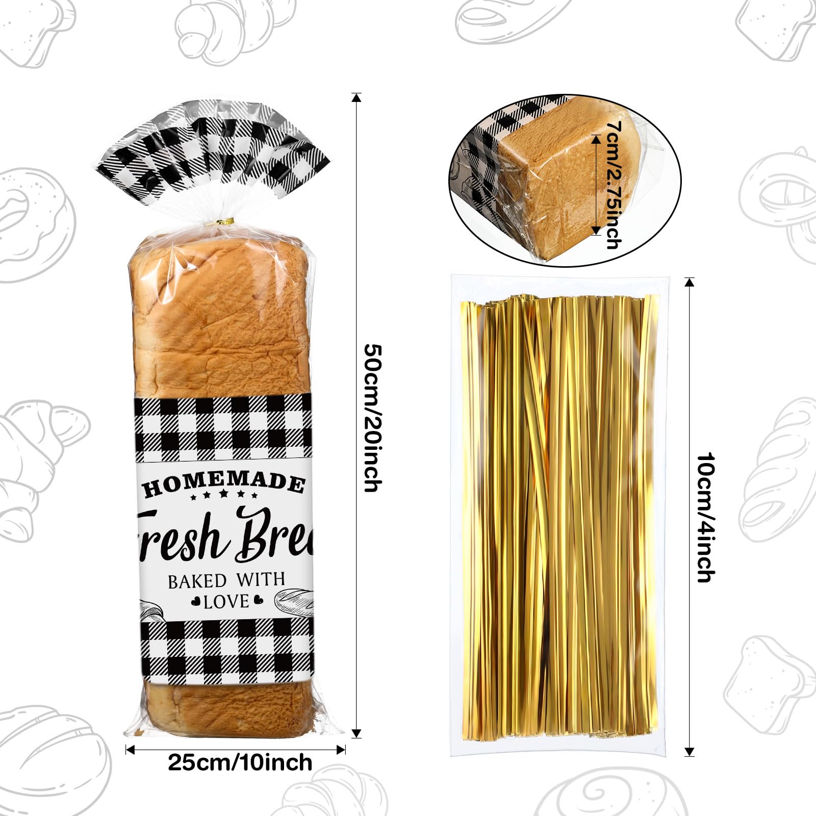 100 Pack Clear Plastic Bread Bags with Twist Ties - Buffalo Plaid Design for Homemade Bread, Cookies, Rolls - Perfect for Home Bakers & Bakeries | Christmas Baking, Gift Packaging, Food Storage