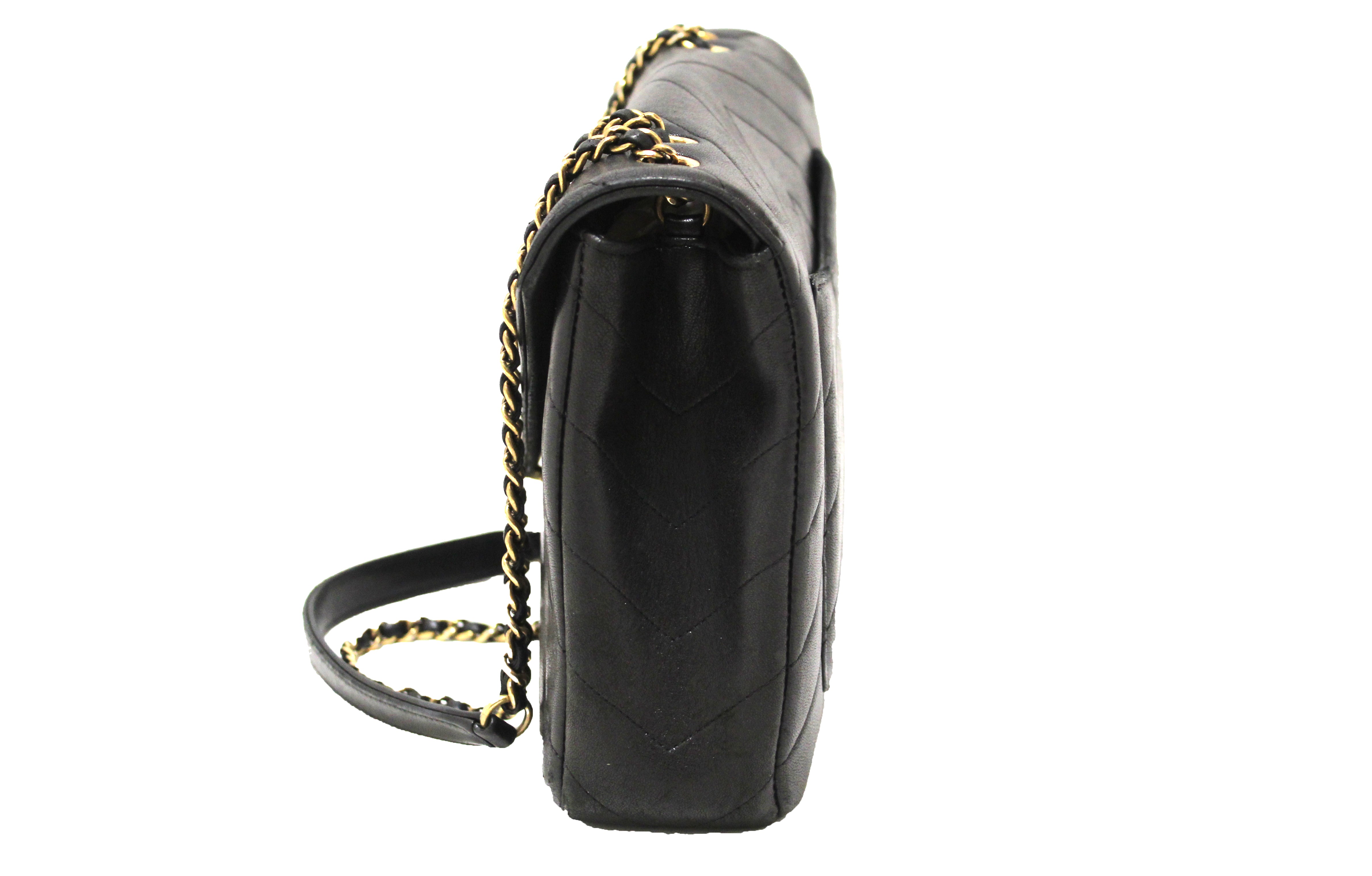 Authentic Chanel Black Quilted Lambskin Leather Reversed Chevron Flap Bag - Luxury Designer Handbag for Women, Perfect for Parties, Dating & Special Occasions