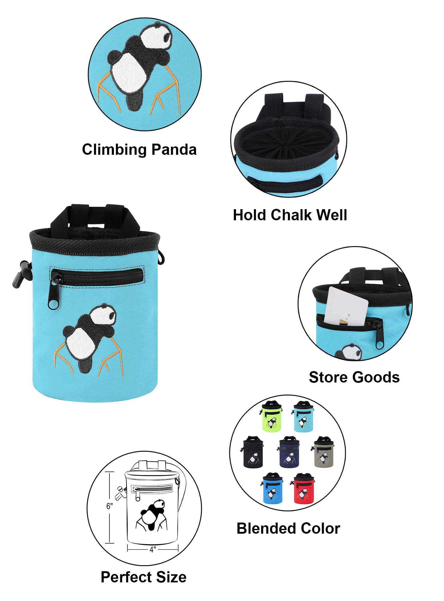 AMC Rock Climbing Chalk Bag with Adjustable Belt - Panda Design for Bouldering & Gym Training - Perfect for Indoor/Outdoor Climbing & Fitness Workouts