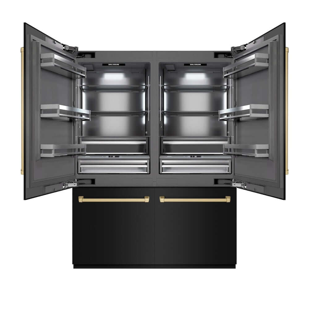 ZLINE Autograph Edition 60-Inch French Door Built-In Refrigerator with Bottom Freezer - 32.2 cu.ft Capacity, Water Dispenser & Ice Maker - Black Stainless Steel Exterior with Graphite Gray Interior & Champagne Bronze Accents (GRBIVZ BS 60 CB) - Perfect for Modern Kitchens & Luxury Homes