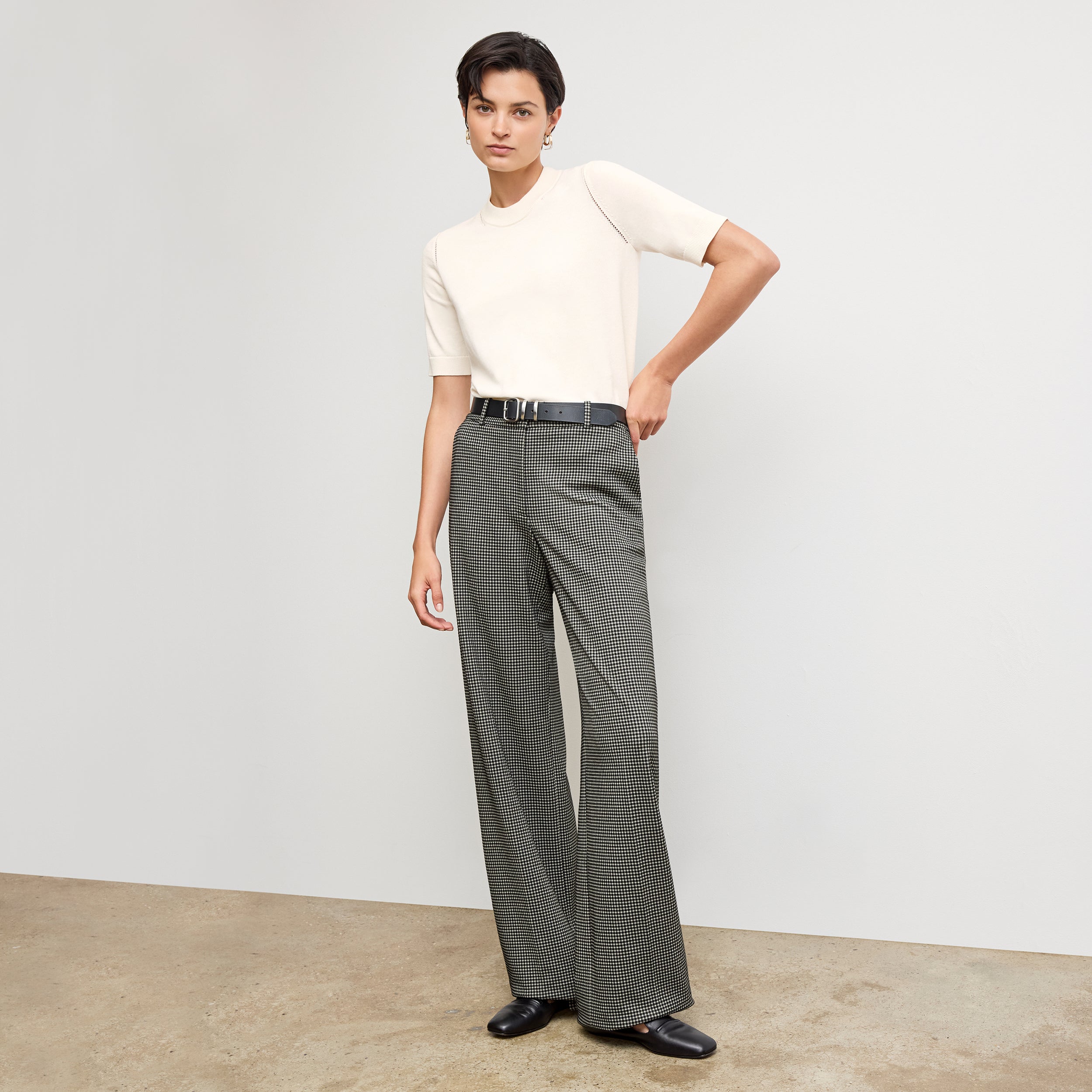 Tinsley Wide Leg Pants for Women - Soft Knit Suiting Fabric with Classic Check Pattern | Office Wear & Casual Outfits