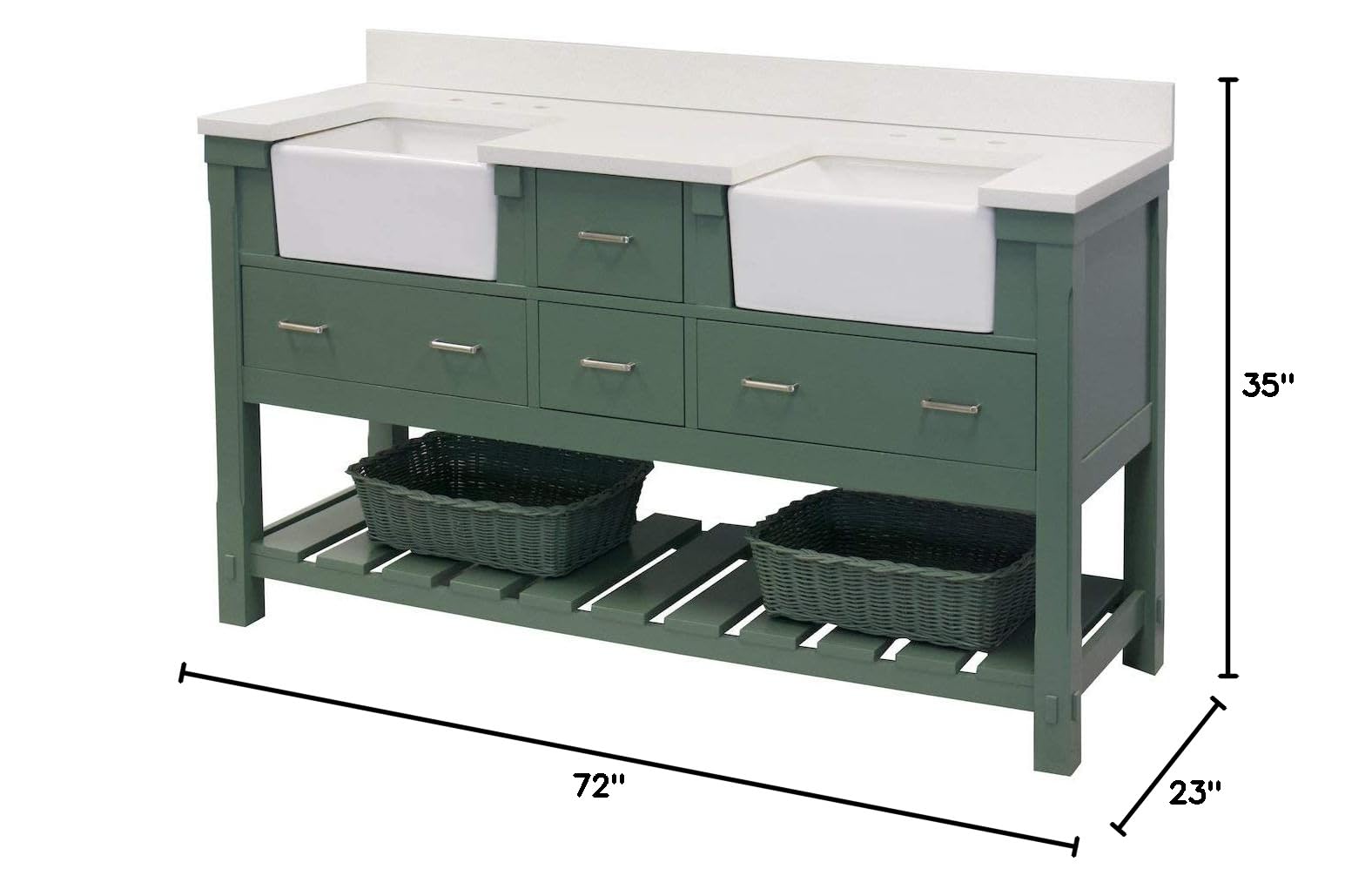 Charlotte 72-inch Double Bathroom Vanity with Quartz Countertop & Sage Green Cabinet - White Ceramic Farmhouse Apron Sinks Included | Perfect for Modern Farmhouse, Coastal, or Transitional Bathroom Designs