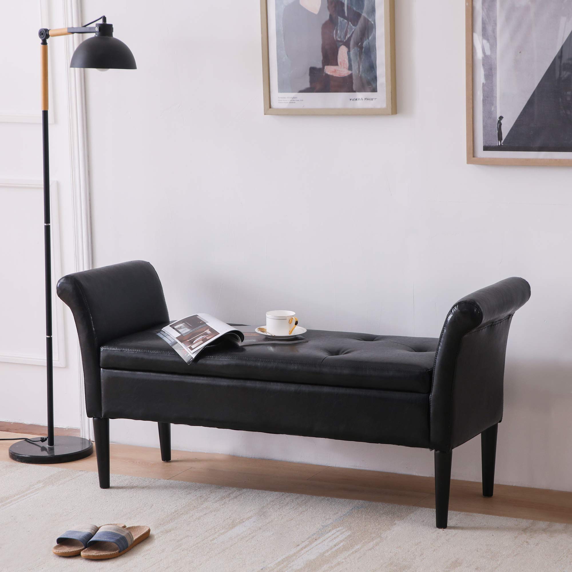 Awonde Black Faux Leather Storage Ottoman Bench with Arms - PU Upholstered Tufted Seat for Bedroom, Entryway & Living Room - Perfect for Extra Seating & Hidden Storage