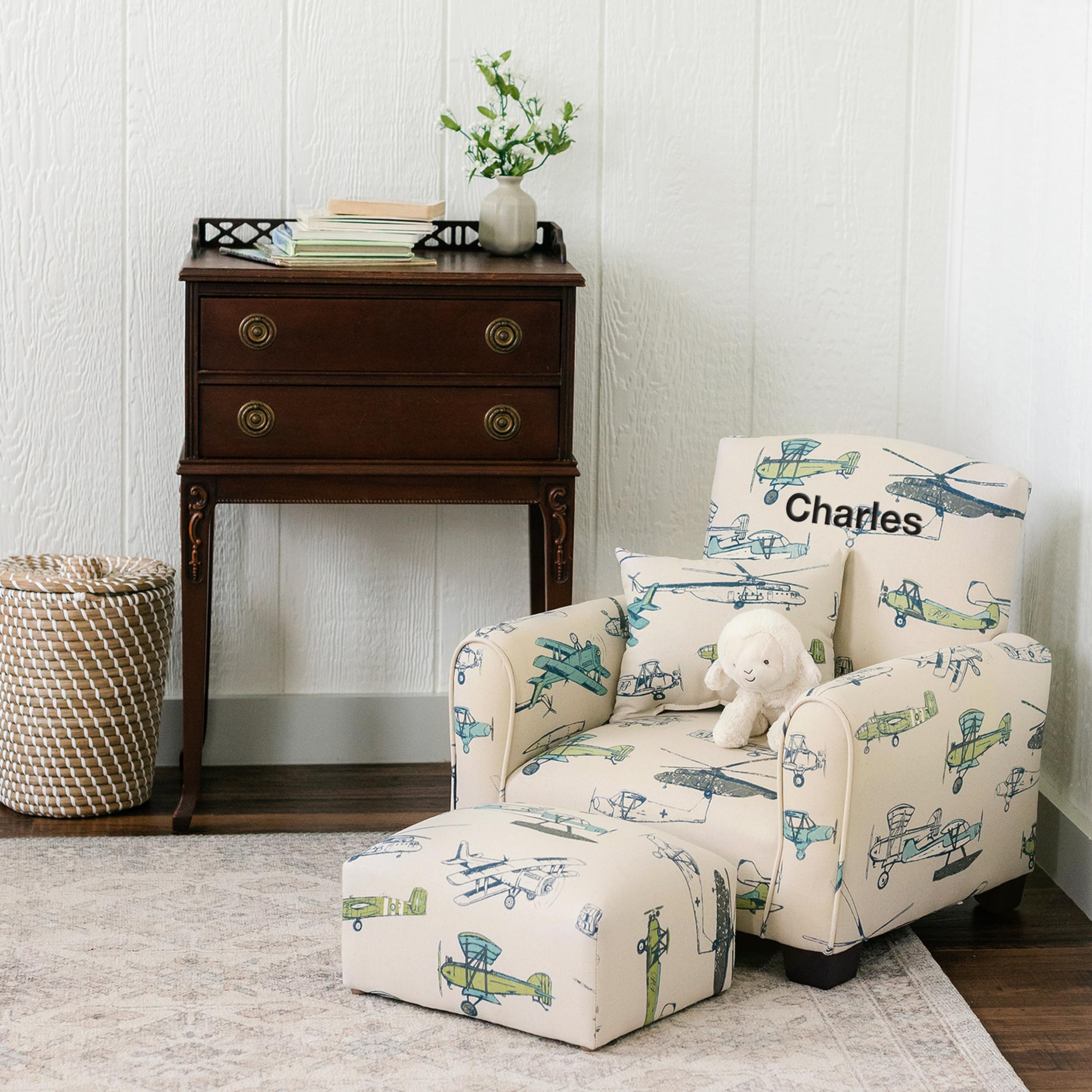 Personalized Kids Upholstered Rocking Chair with Name - Airplane Print Toddler Armchair for Nursery, Bedroom & Playroom - Comfy Personalized Children's Furniture Gift for Boys & Girls
