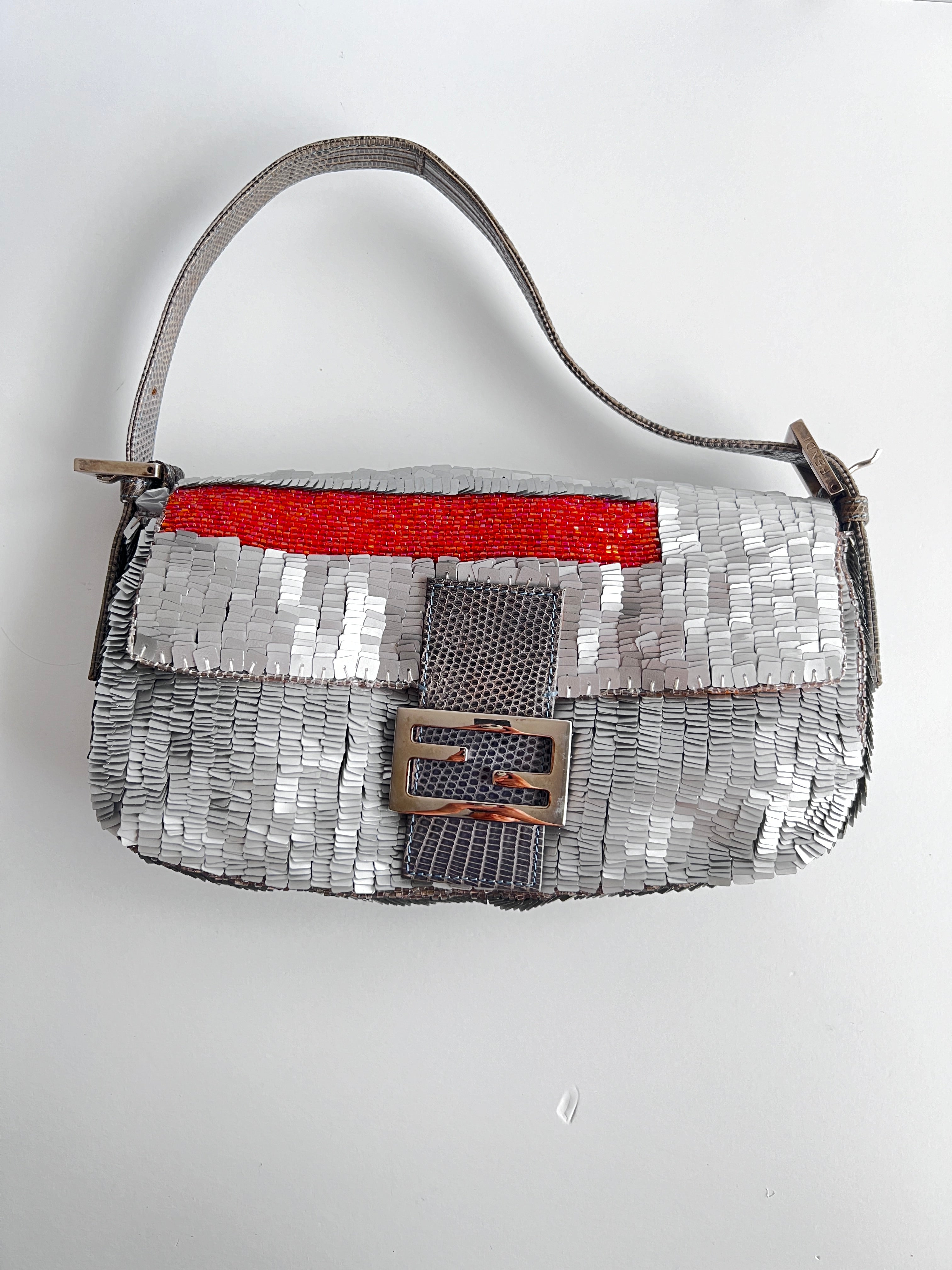 Fendi Silver Sequin with Orange Beaded Strip Baguette Bag - Elegant Evening Clutch for Parties, Weddings & Special Occasions