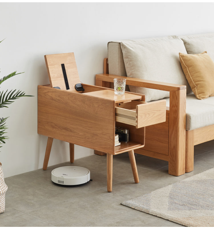 Solid Oak Narrow Side Table with Flip Door Storage - Rustic Wood End Table for Living Room, Bedroom & Entryway - Compact Console Cabinet for Small Spaces