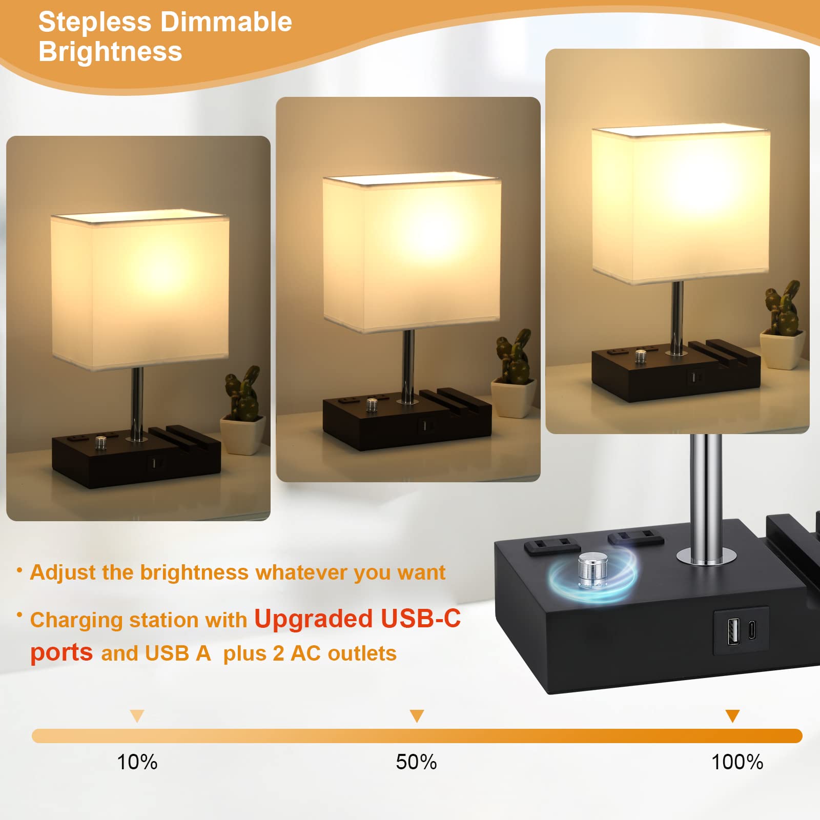 Kakanuo White Dimmable Table Lamp with Dual USB Ports & Phone Stand - LED Bedside Lamp for Bedroom, Nightstand, Living Room & Office - Includes LED Bulb & 2 Charging Outlets (Perfect for Reading, Working & Phone Charging)