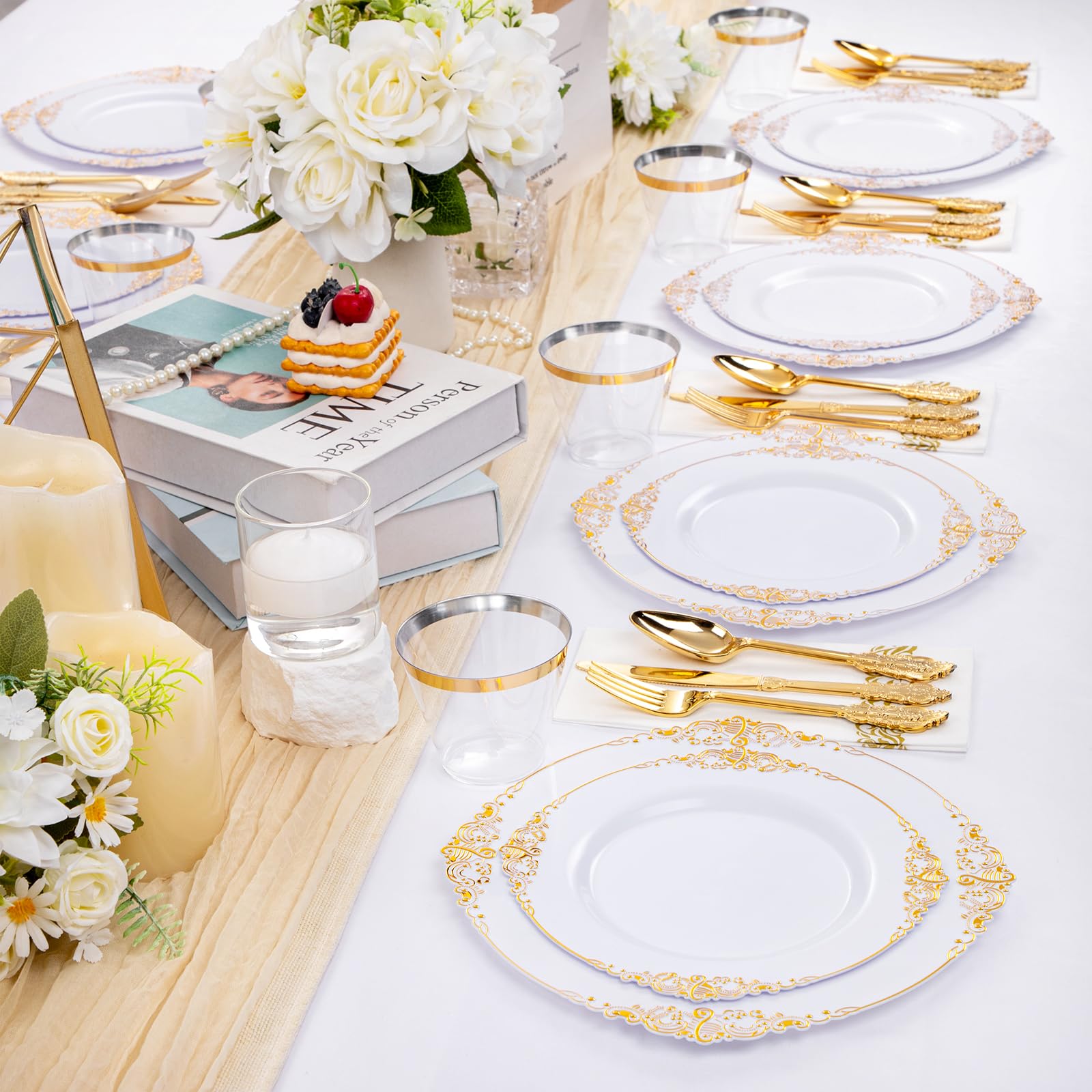 Hioasis 350-Piece White and Gold Disposable Plastic Dinnerware Set - 50 Dinner Plates, 50 Dessert Plates, 50 Forks, 50 Spoons, 50 Knives, 50 Cups & 50 Napkins - Elegant Party Supplies for Weddings, Birthdays & Events
