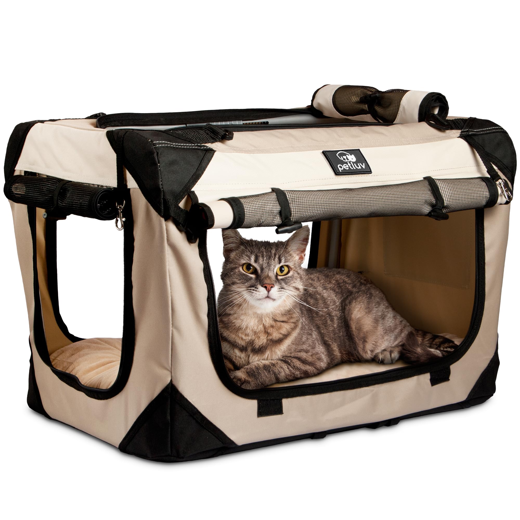 Large Soft-Sided Collapsible Pet Carrier for 2 Cats or Medium Dogs - Portable Travel Bag with Locking Zippers & Comfortable Bed (Tan) - Perfect for Airplane Travel, Vet Visits & Road Trips