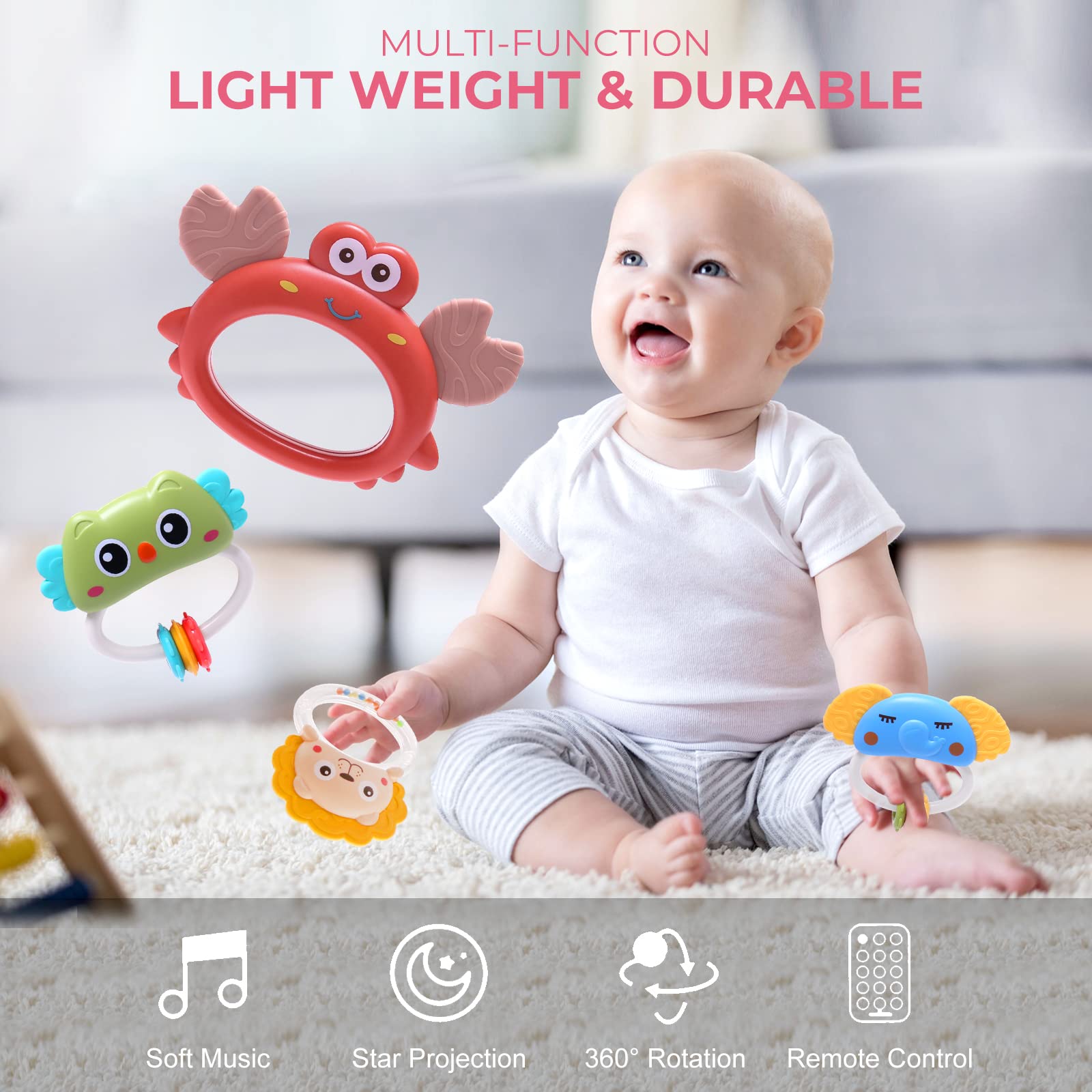 Baby Crib Mobile with Music, Lights & Hanging Toys - Portable Musical Carousel for Pack 'n Play, Bassinet - Gender Neutral Nursery Decor (Red) | Perfect for Soothing Newborns & Bedtime Routines
