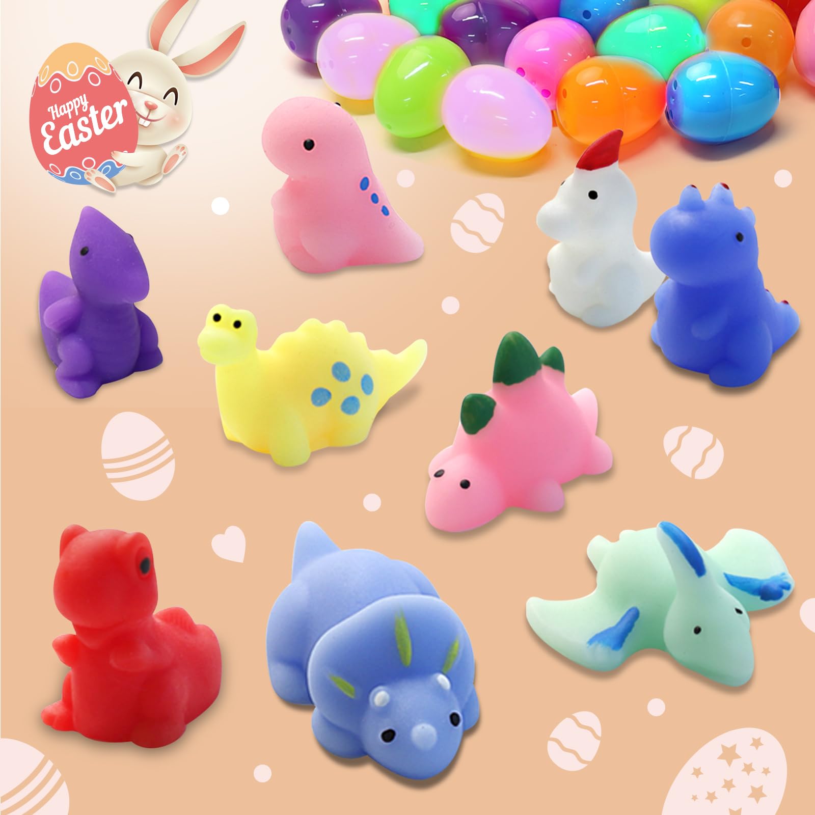 24 Pack Filled Easter Eggs with Squishy Toys Inside - Dinosaur Squishies for Easter Basket Stuffers, Party Favors & Classroom Rewards - Perfect for Easter Egg Hunt, Kids Party Gifts & School Prizes