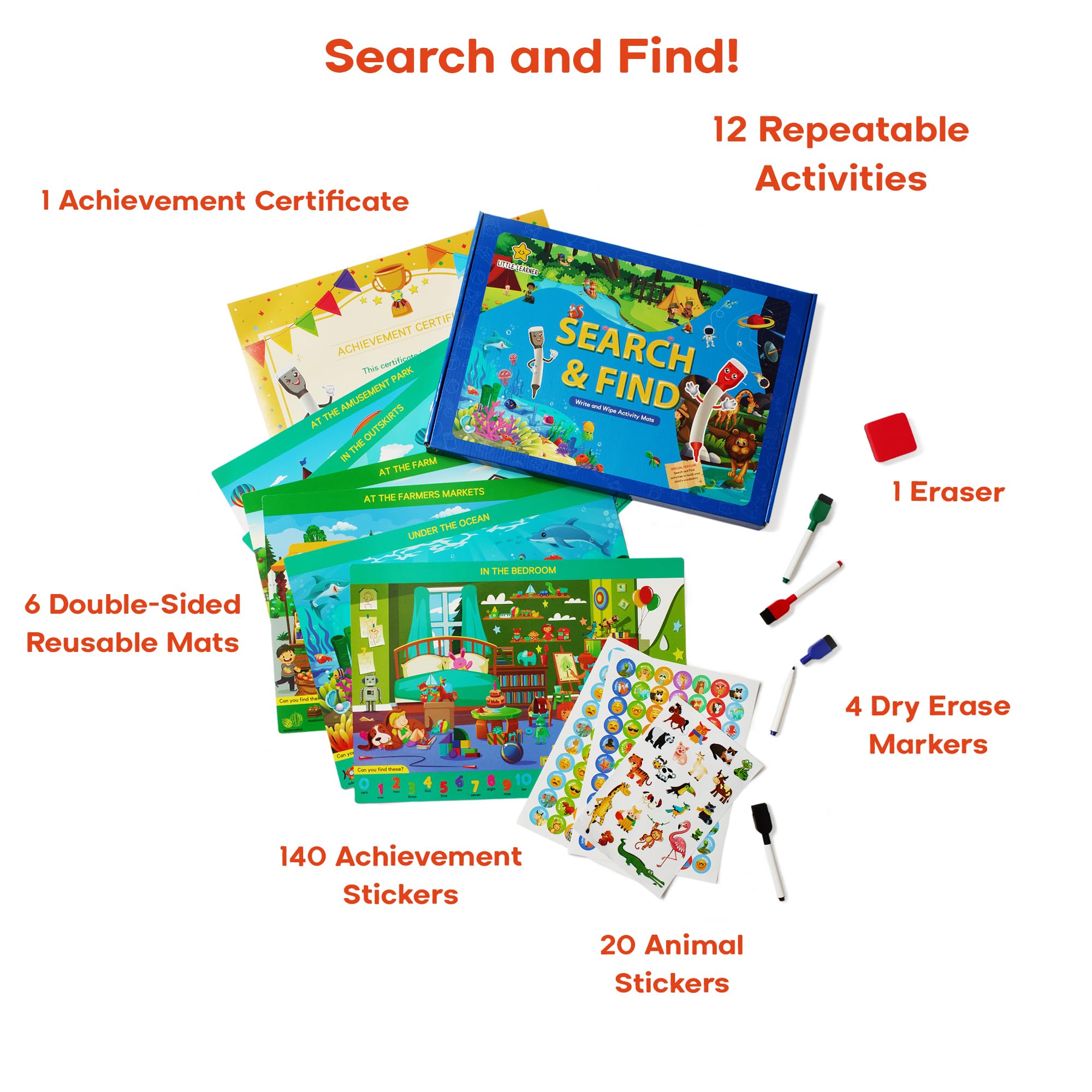 Little Learner Search and Find Educational Game Set with Reusable Mats, Dry Erase Markers & Eraser - Montessori Learning Toy for Kids Ages 3-6 | Perfect Travel Activity & Birthday Gift for Toddlers | Ideal for Home, Classroom & Road Trips