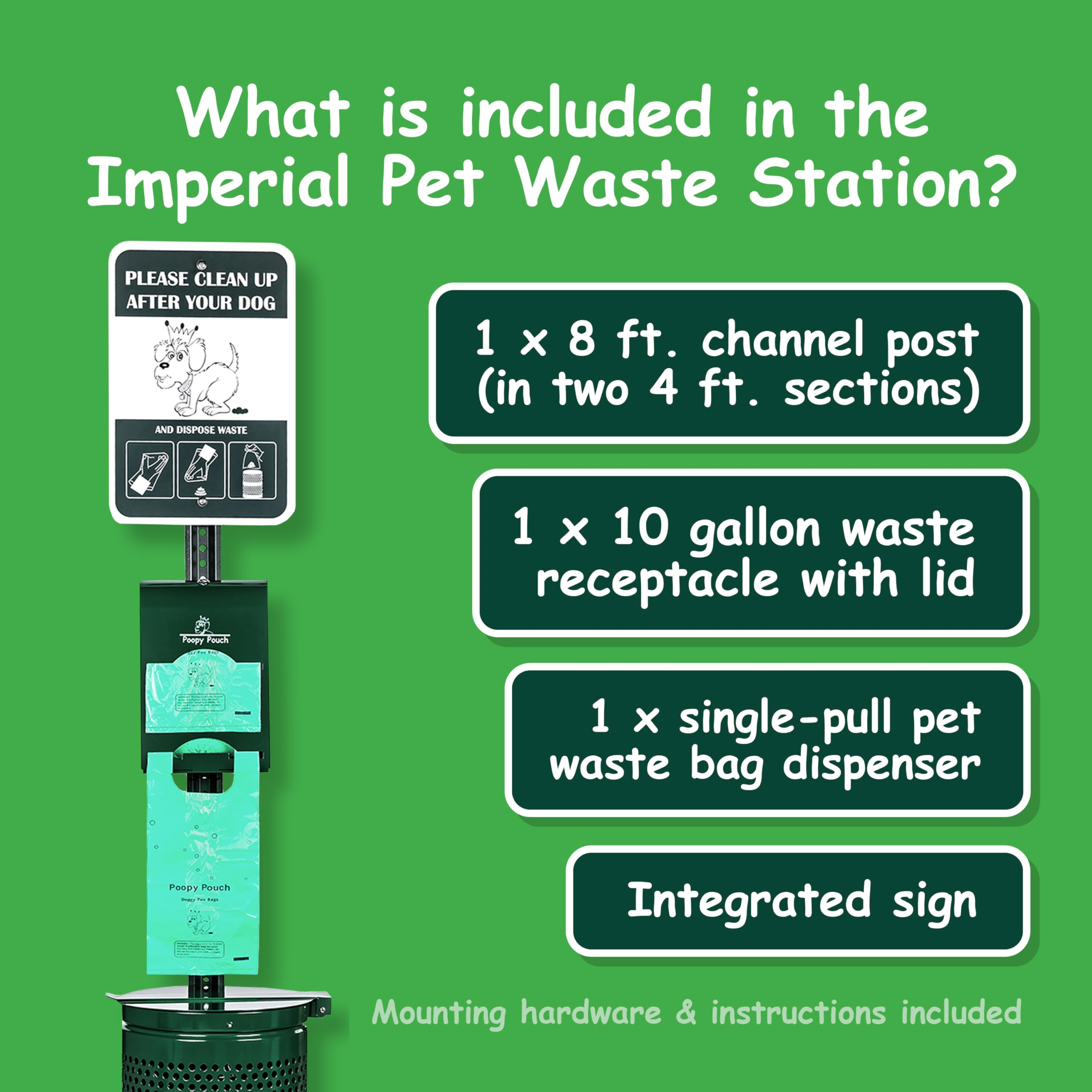 Imperial High Capacity Roll Bag Pet Waste Station - Complete Kit with Locked Dispenser, 10 Gallon Trash Can with Lid, Steel Sign, 8ft Channel Post & 800 Lemon Scented Pet Waste Bags | Perfect for Dog Parks, Apartment Complexes & Public Spaces