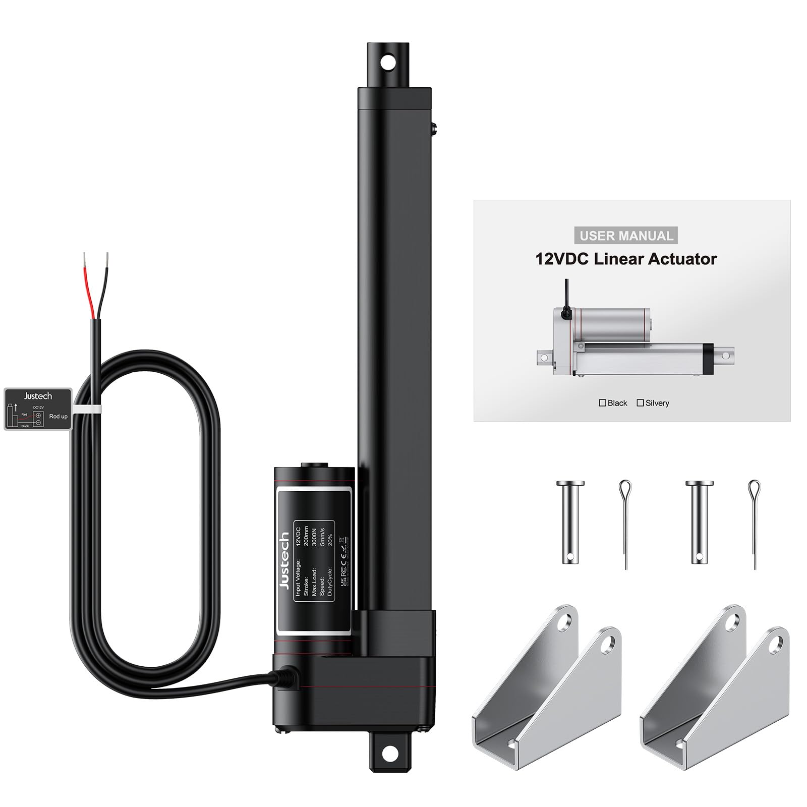 Justech 50mm 2inch Heavy Duty Linear Actuator Motor, 3000N 660LBS Stroke, 12V DC Linear Motion Actuator for Electric Beds, Recliners, Sofas, Industrial Lifting Systems - Black (3000N 200mm) | Perfect for Home Furniture Automation and Industrial Equipment