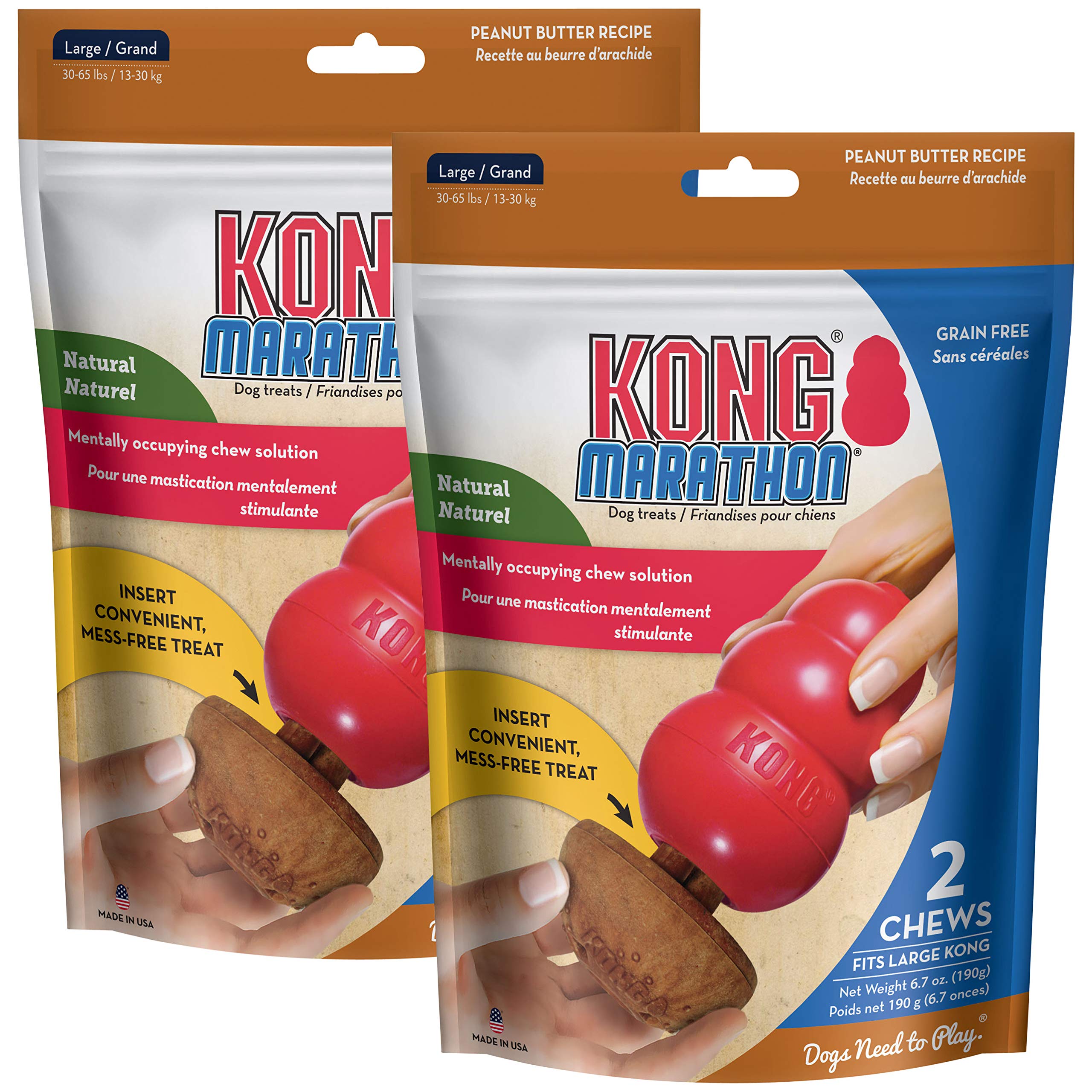 KONG Marathon Dog Chew Toy - Peanut Butter Flavor for Large Dogs - 2 Pack (4 Pieces Total) - Durable Training Treat & Interactive Playtime Toy - Perfect for Crate Training, Boredom Relief, and Dental Health