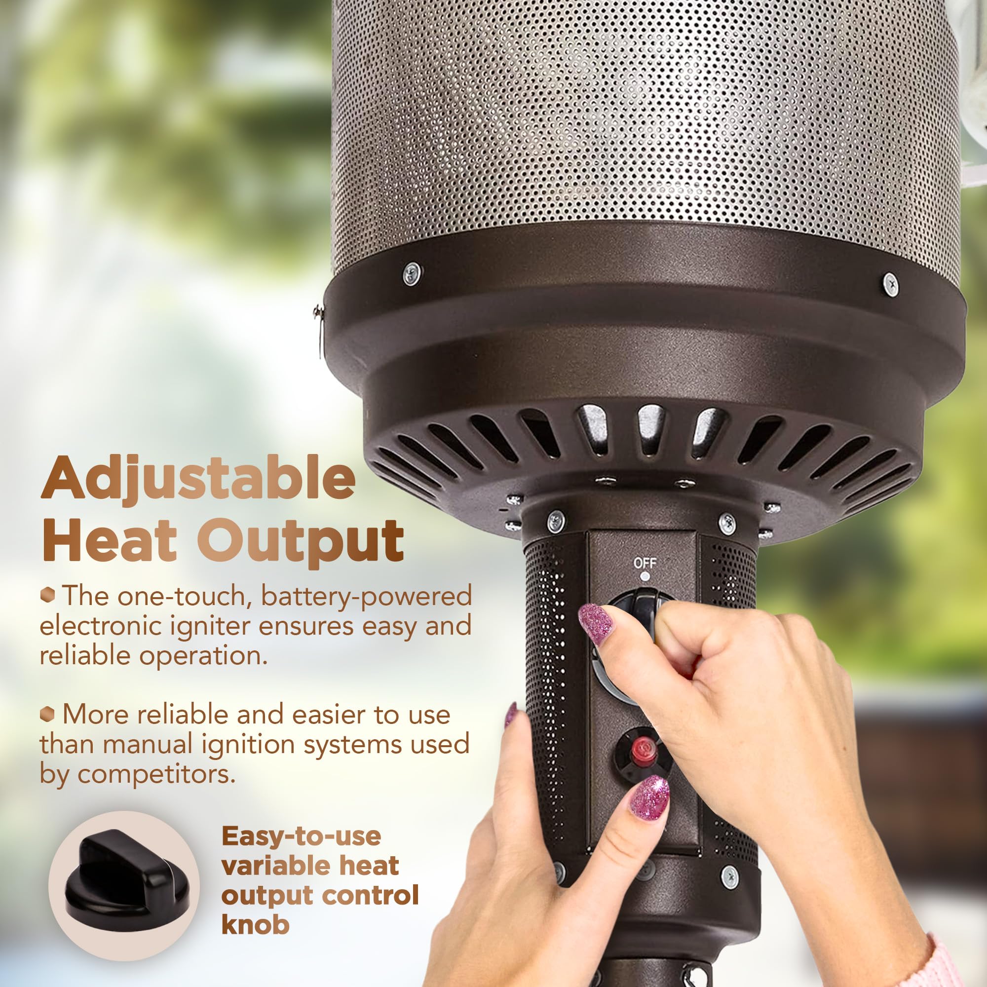 48,000 BTU Portable Outdoor Propane Patio Heater with Table & Wheels - Electronic Ignition System, Mocha Finish for Backyard, Deck & Garden Parties