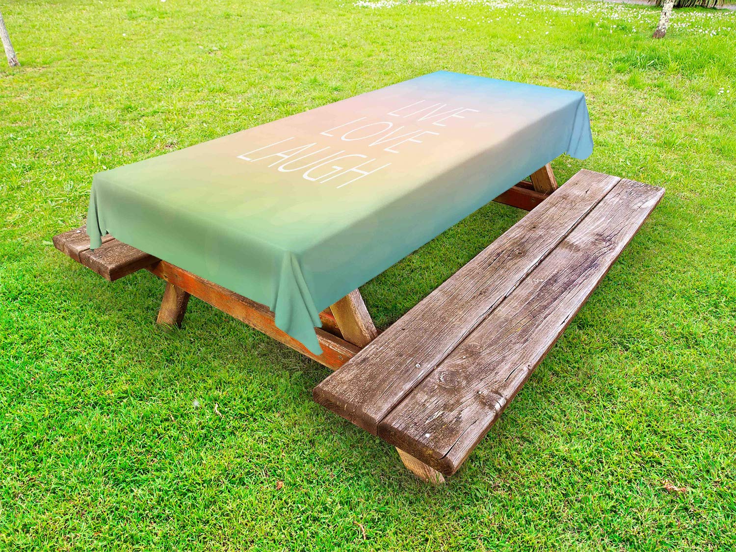 Ambesonne Live Laugh Love Washable Picnic Tablecloth - 58x120 Inch Round Ombre Pastel Outdoor Table Cover for Garden, Patio, BBQ & Picnic Parties - Modern Minimalist Decorative Tablecloth