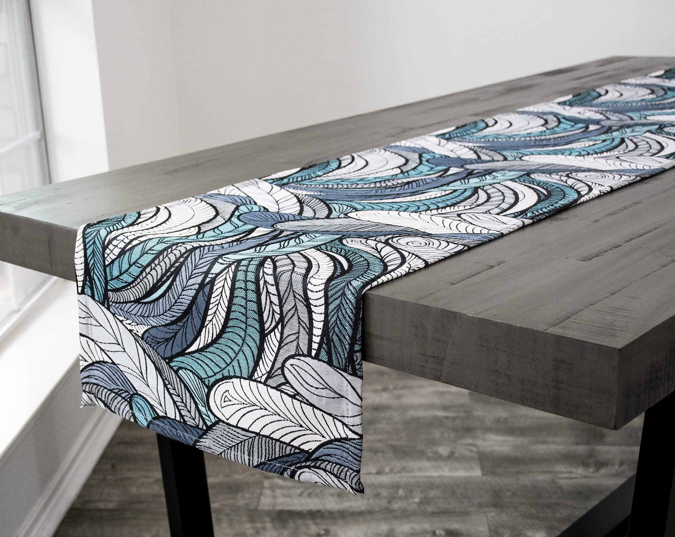 Elegant Chenille Gray and Teal Blue Feather Table Runner - 16.5x90 Inch Long Dresser Scarf for Dining Table, Buffet, Wedding Decor & Home Decoration