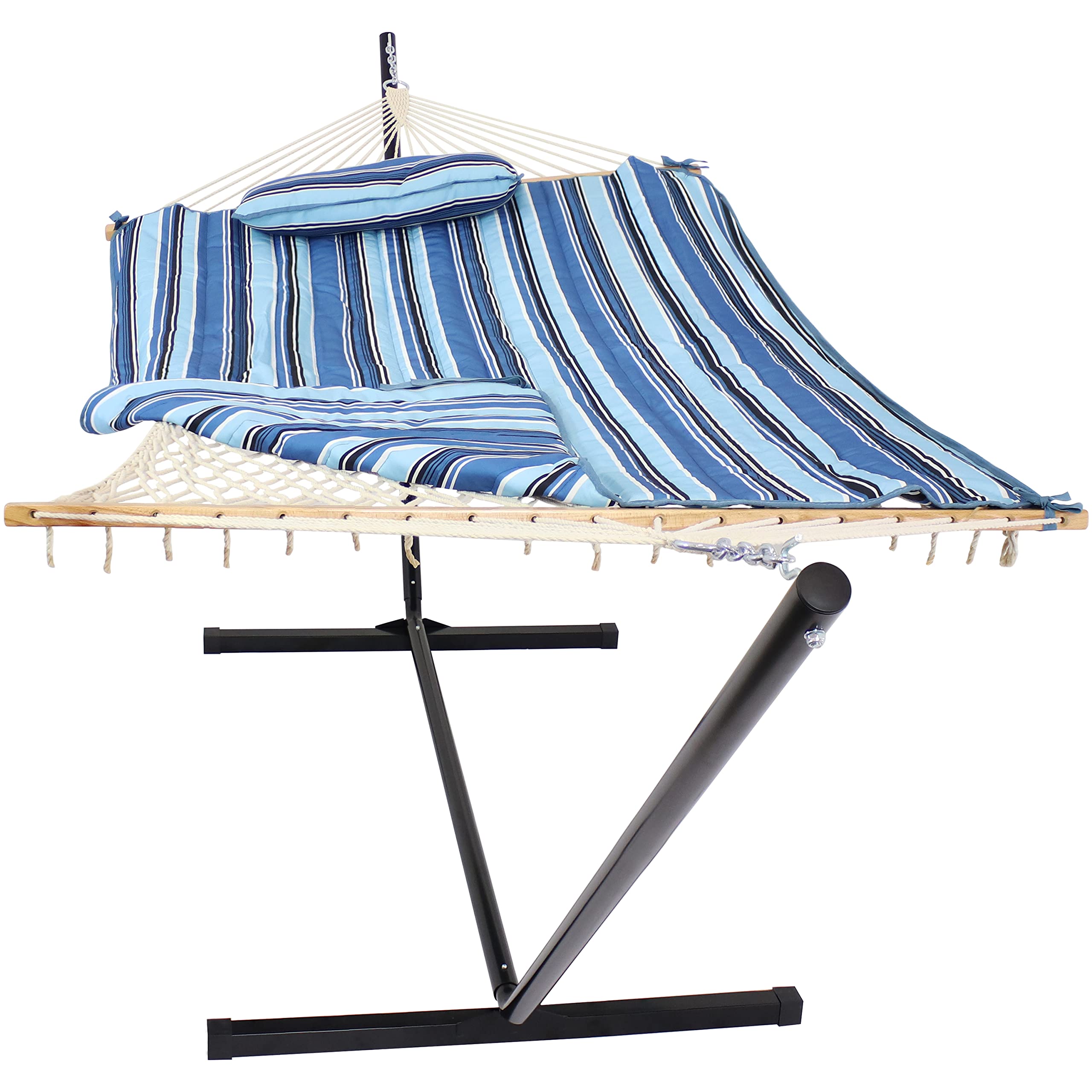 Sunnydaze 12-Foot Rope Hammock with Stand & Cushion - 275 lb Weight Capacity - Outdoor Patio, Backyard, Beach Relaxation - Misty Beach Design