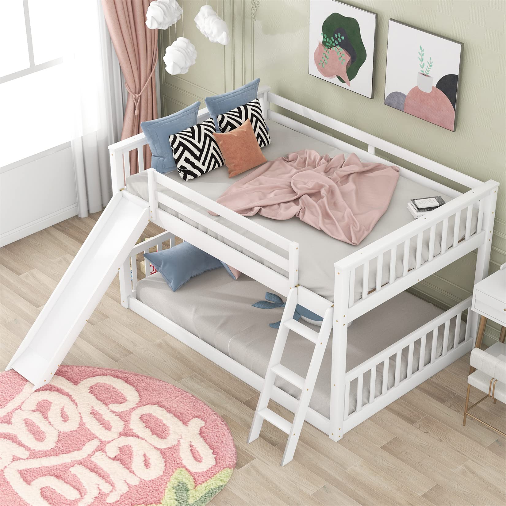 Full Over Full Low Bunk Beds with Slide for Kids - Sturdy Wood Bunk Bed Frame for Boys, Girls & Teens - Perfect for Bedroom, Dorm or Playroom - White