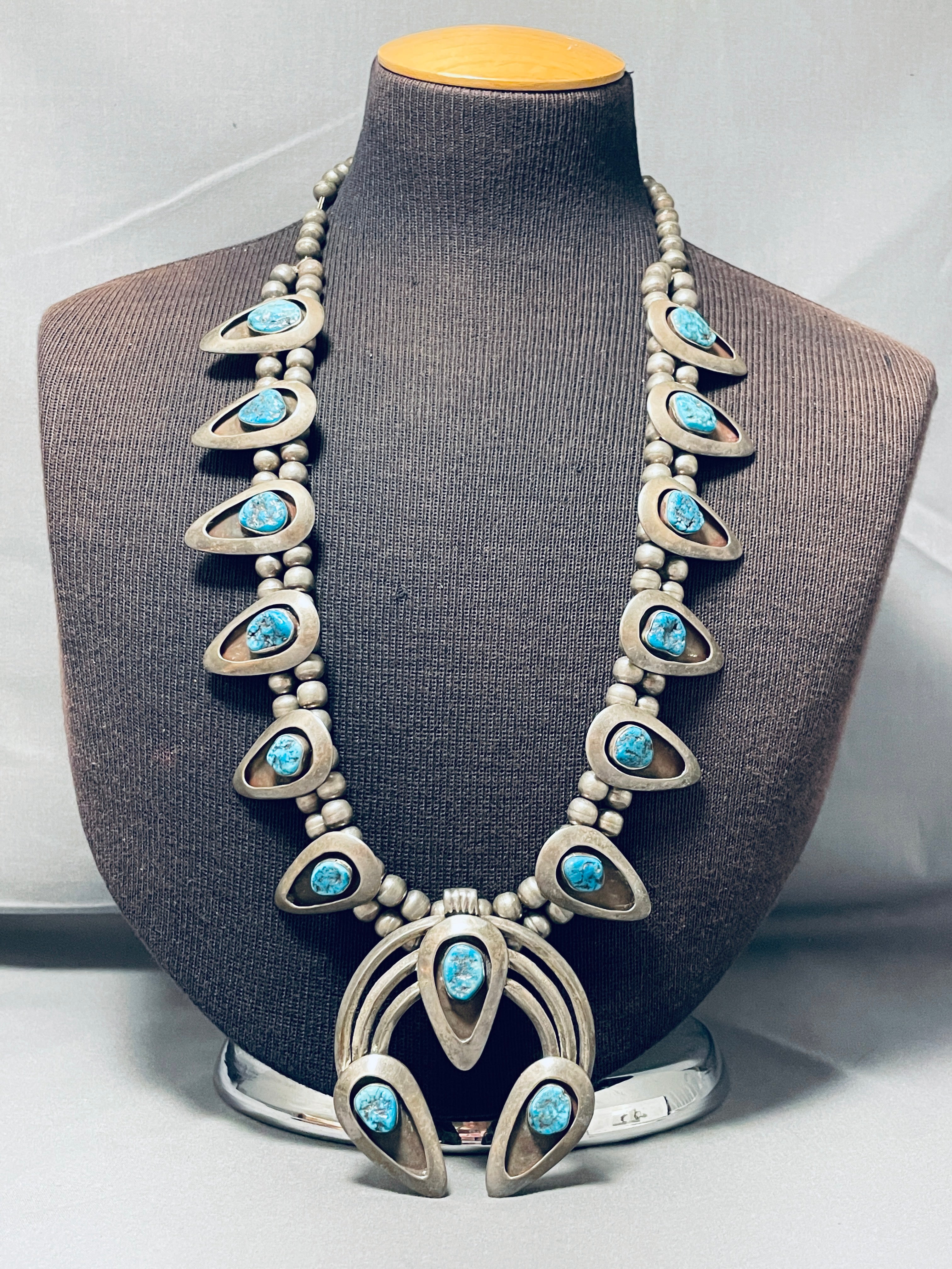 200 Gram Vintage Native American Navajo Turquoise Sterling Silver Squash Blossom Necklace - Handmade Jewelry for Women, Perfect for Boho Fashion, Weddings & Special Occasions