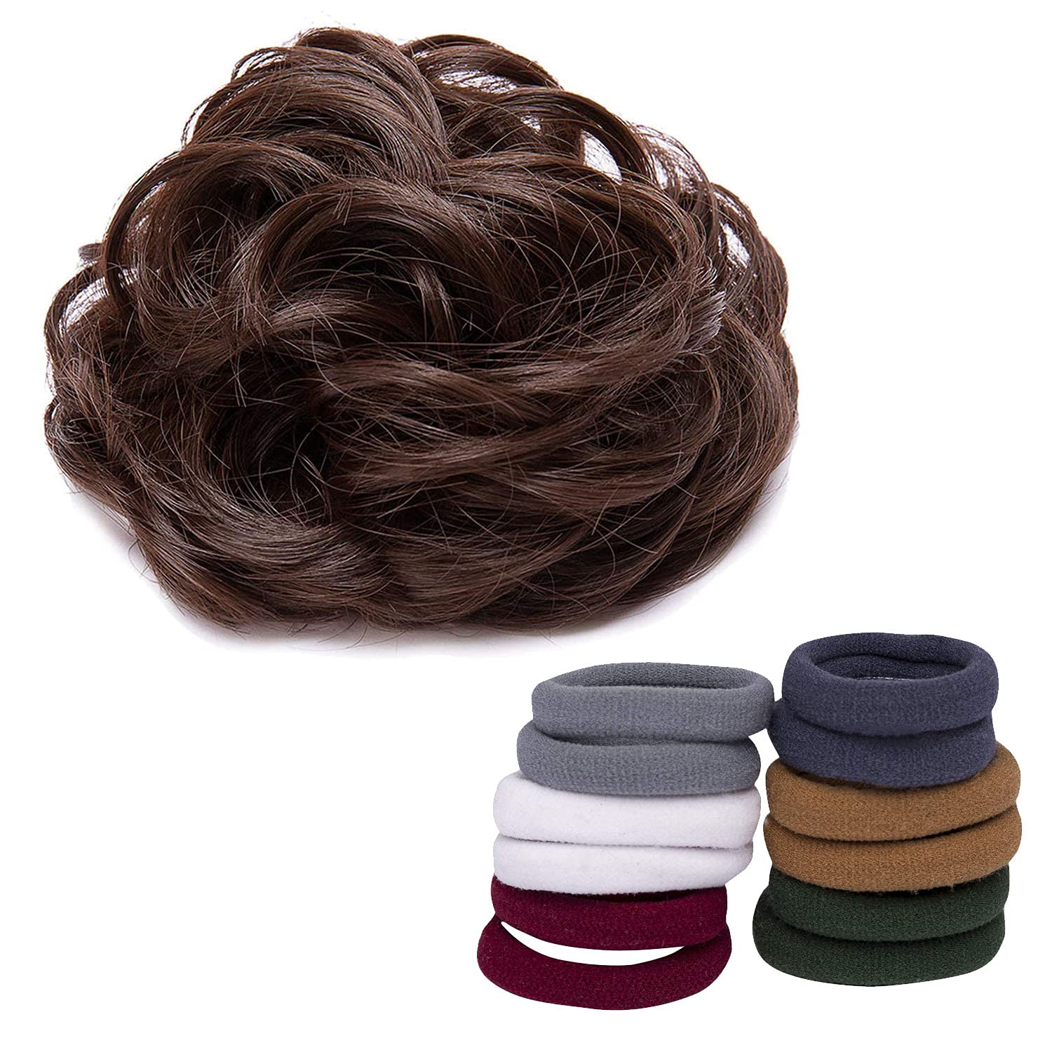 ASG Funky Messy Brown Rubber Hair Juda Bun with 12 Elastic Cotton Hair Ties - Hair Accessories Combo for Girls - Perfect for School, Parties & Everyday Styling