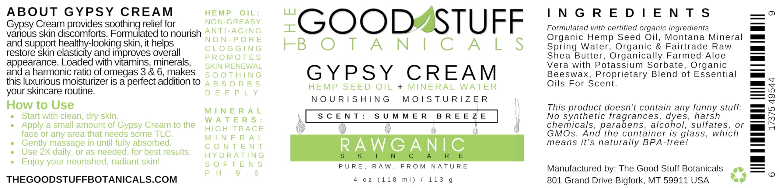 Organic Hemp Oil & Hot Spring Water Facial Moisturizer | Gypsy Cream Body and Face Moisturizer for Women | Hydrating Dry Skin Care with Summer Breeze Scent | 4 oz | Perfect for Daily Hydration, Spa Days & Travel Skincare