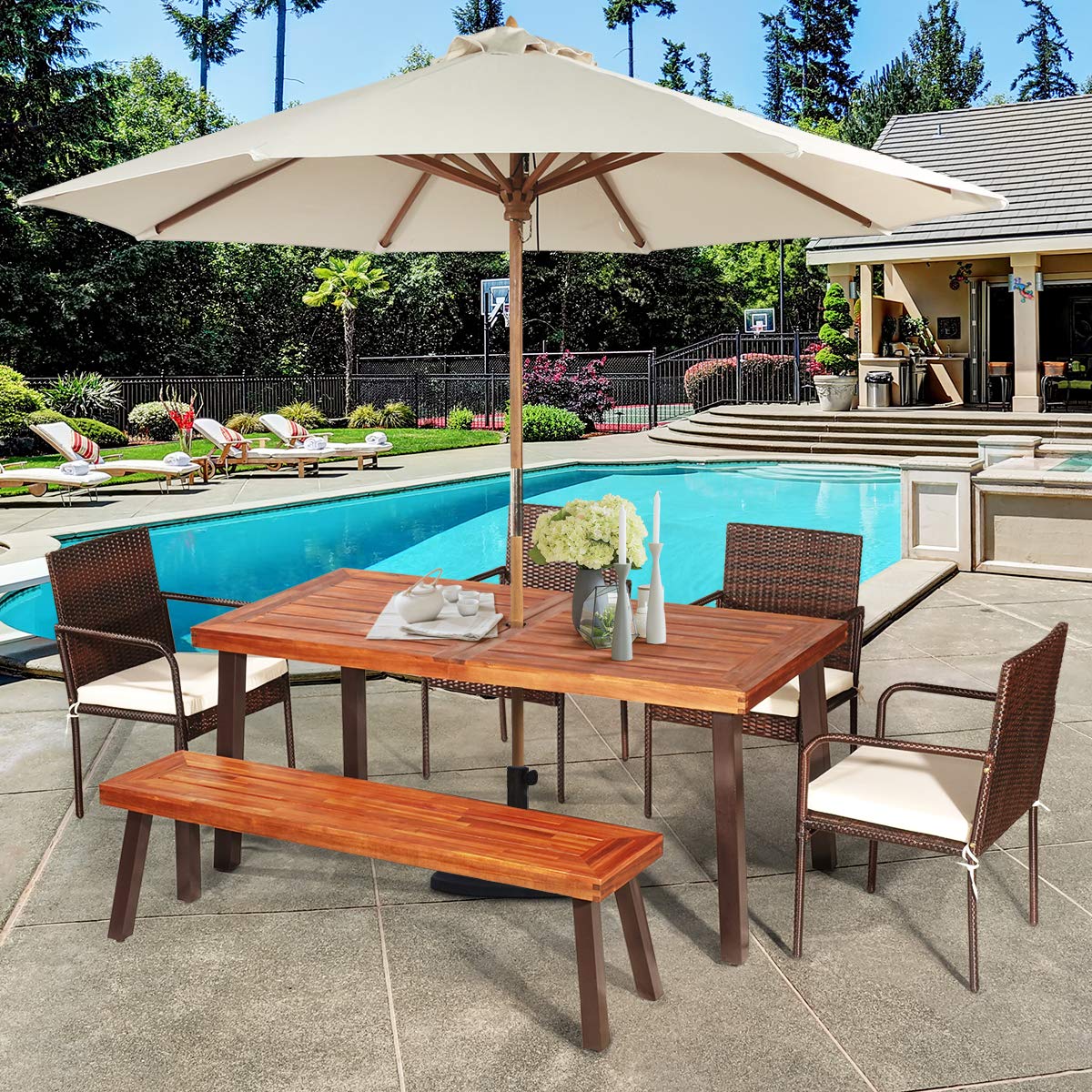 **Giantex Outdoor Patio Dining Table with Umbrella Hole - Acacia Wood Rectangular Picnic Table for Backyard, Garden, Lawn, Farmhouse - Rustic Brown Metal Legs - Perfect for BBQs, Parties & Outdoor Dining**